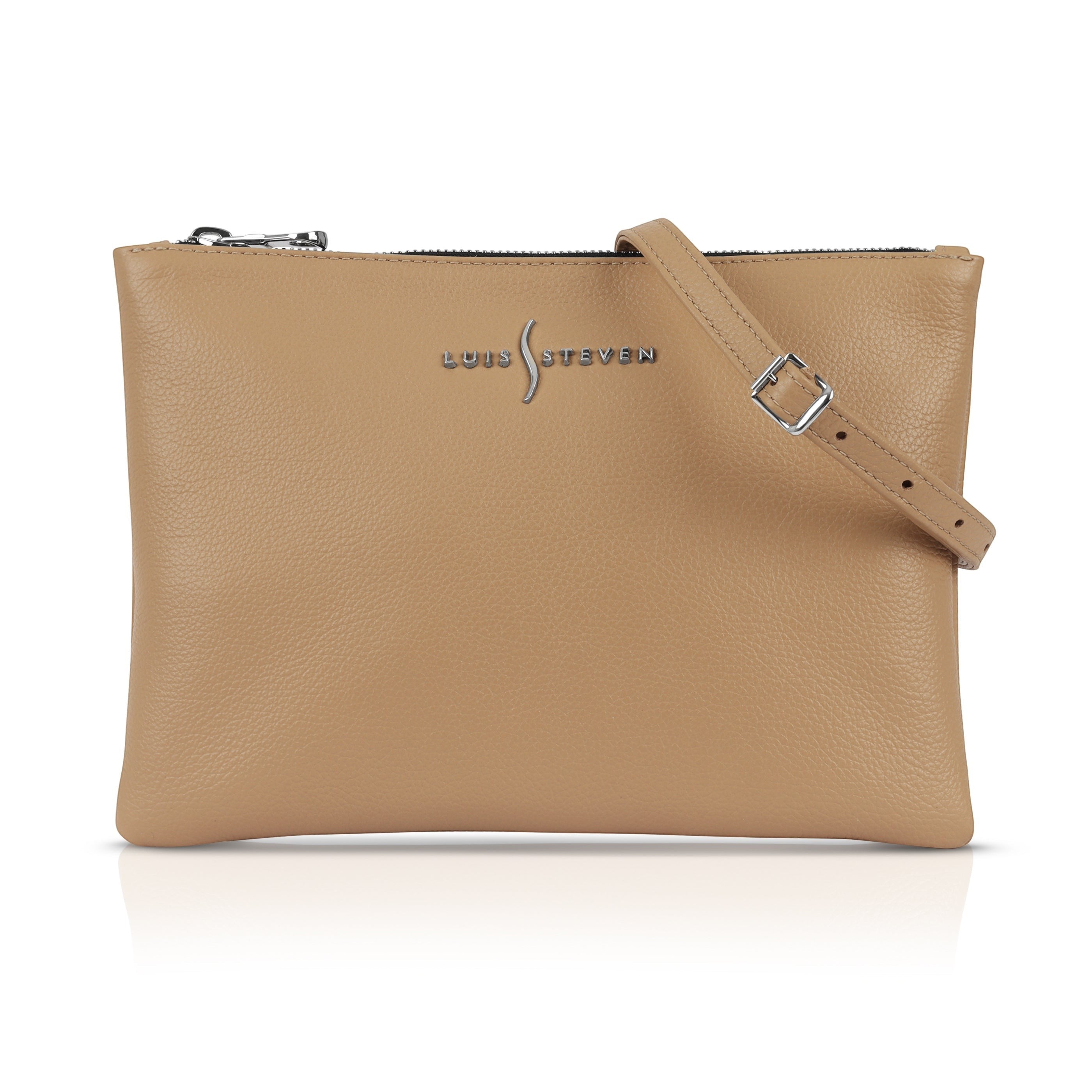 Luis Steven sand pebble Italian leather crossbody pouch with silver hardware and adjustable strap