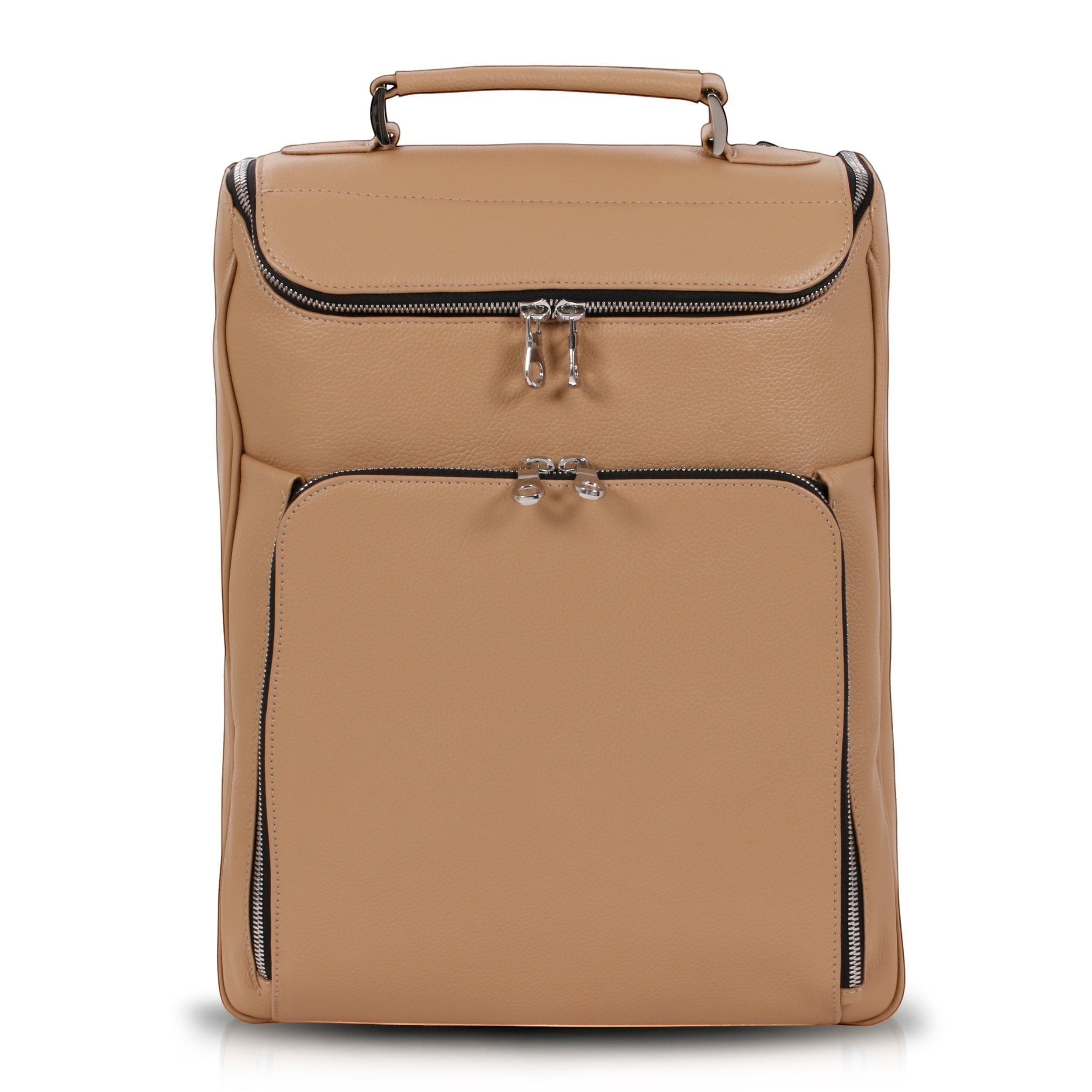 Luis Steven medium laptop backpack in sand pebble Italian leather with top handle and concealable straps.