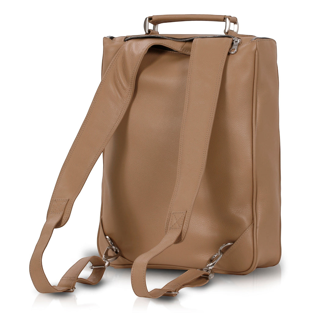 Luis Steven medium laptop backpack in sand pebble Italian leather with concealable straps and top handle. Fits up to 16" laptops.