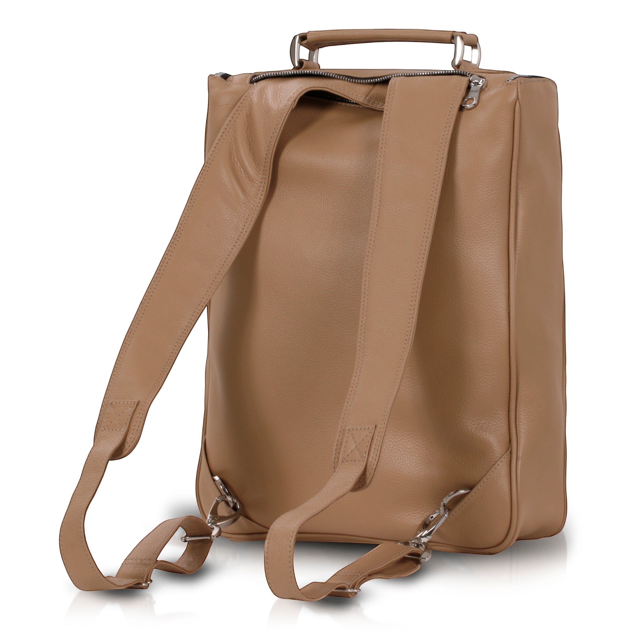 Luis Steven medium laptop backpack in sand pebble Italian leather with concealable straps and top handle. Fits up to 16" laptops.