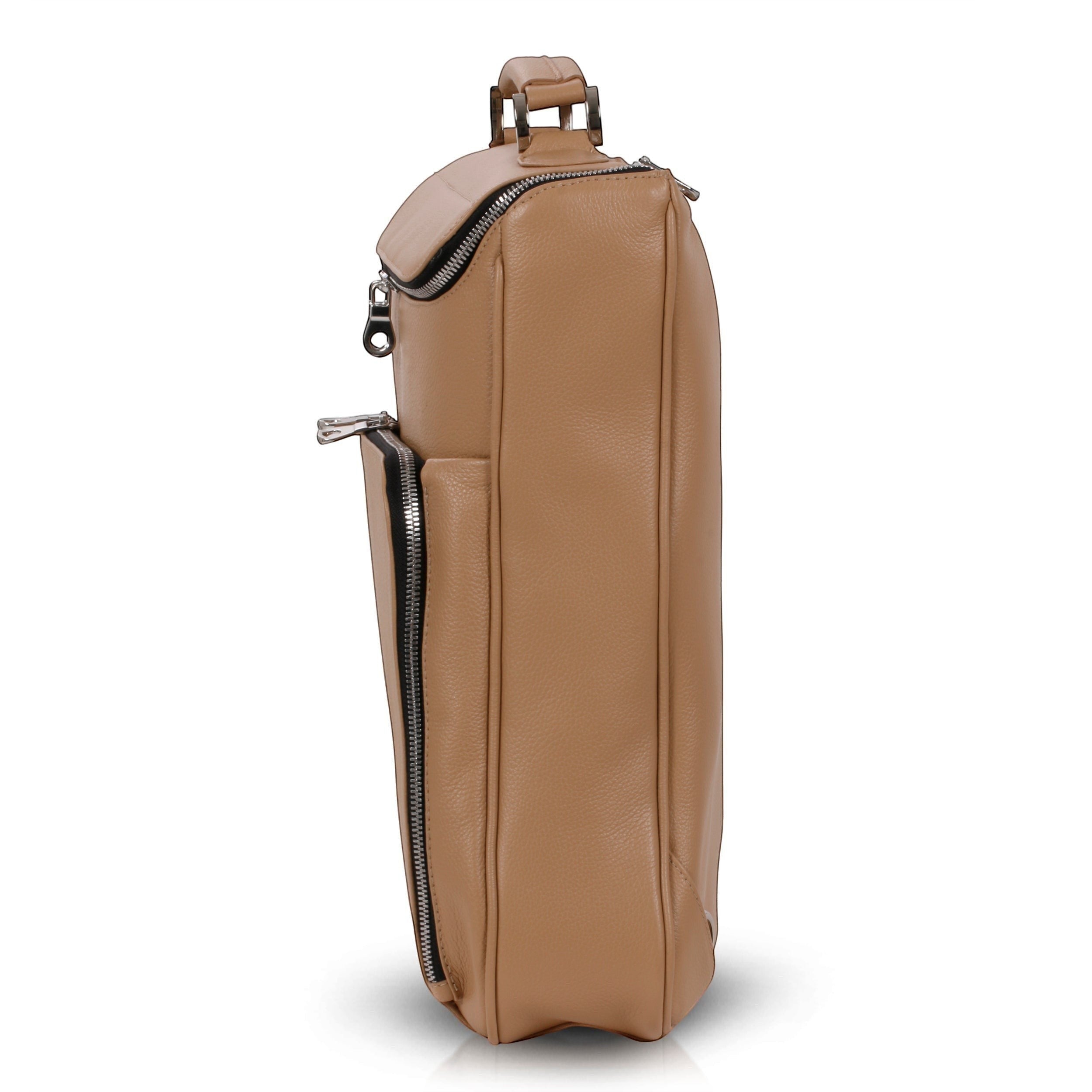 Luis Steven sand pebble Italian leather laptop backpack with top handle and front zip pocket.