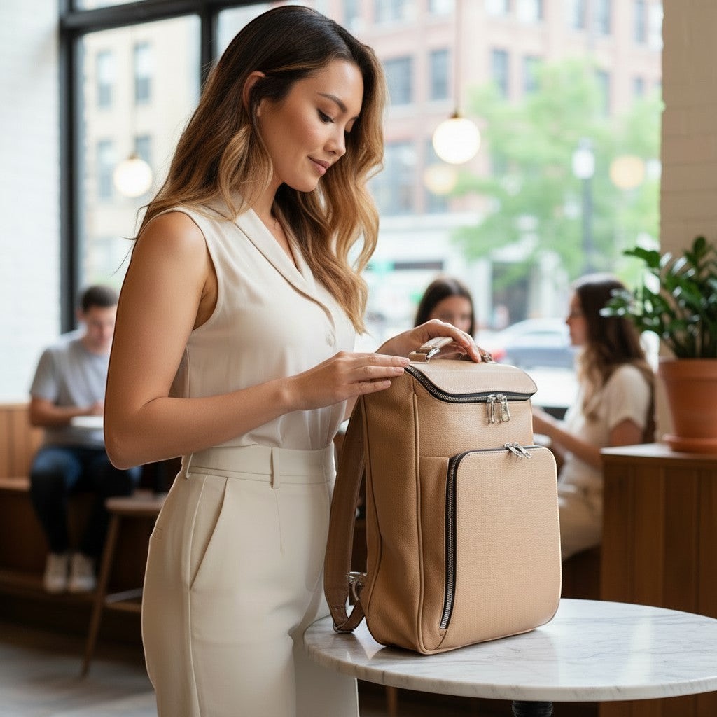 Luis Steven medium laptop backpack in sand pebble Italian leather with zip pockets and concealable straps.
