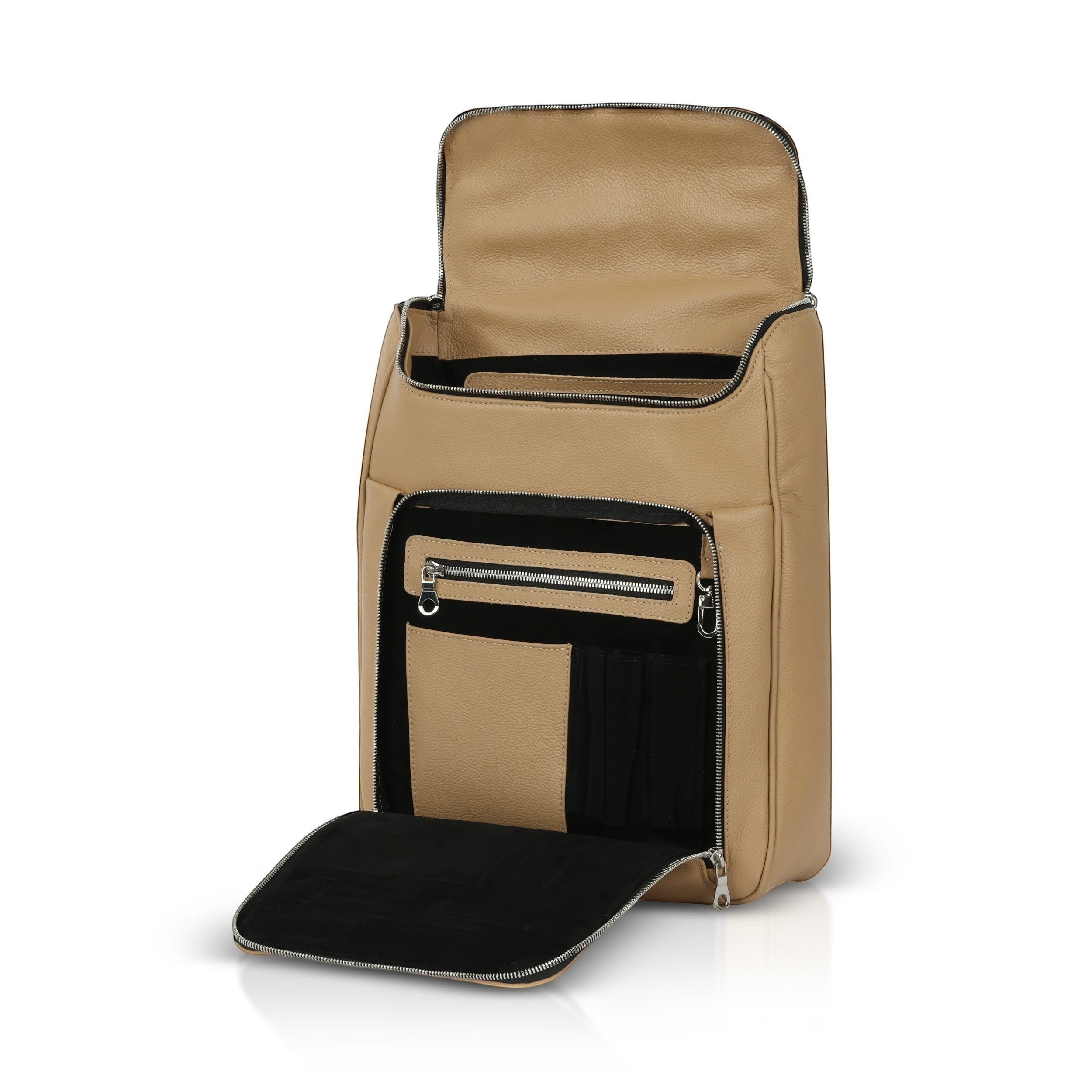 Luis Steven Sand Pebble leather backpack with multiple compartments and zip pockets, fits up to 16" laptop.