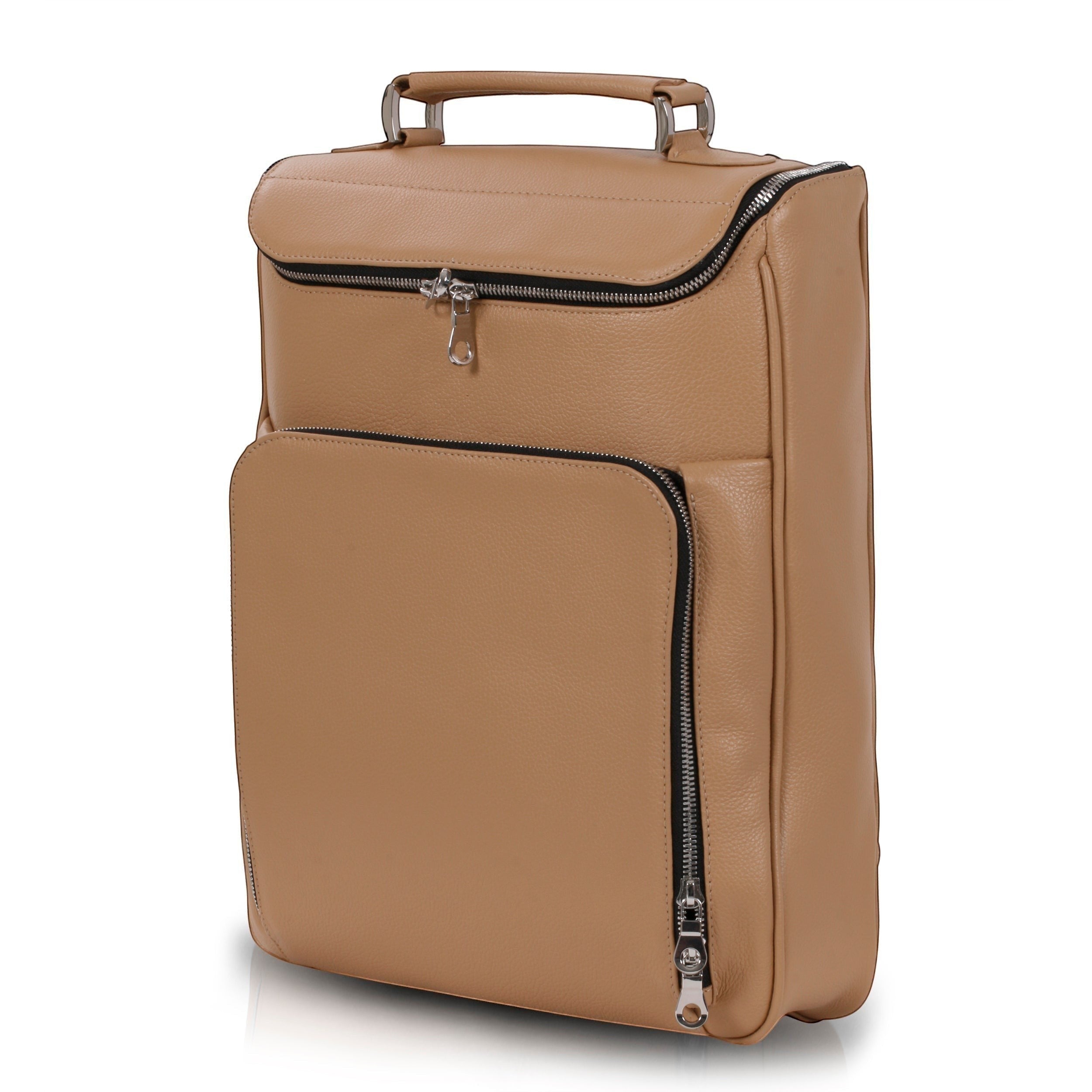 Luis Steven Sand Pebble medium leather laptop backpack with top handle and front zip pocket.