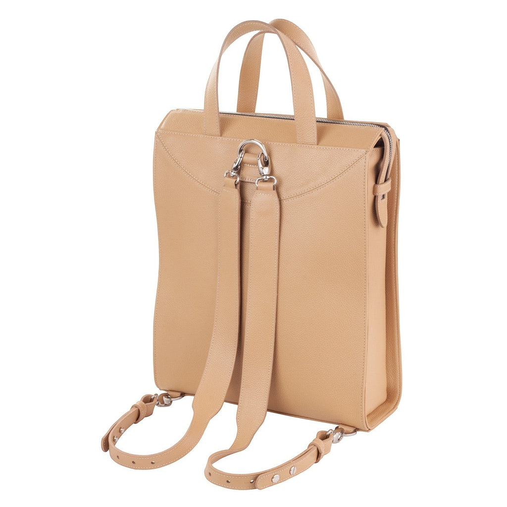 Luis Steven sand pebble Italian leather tote style backpack with removable straps, fits 15" laptop.