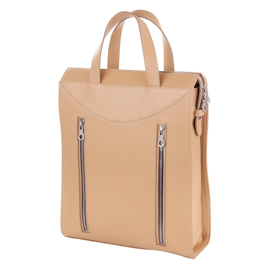 Luis Steven sand pebble Italian leather tote style backpack with removable straps and zippered pockets.