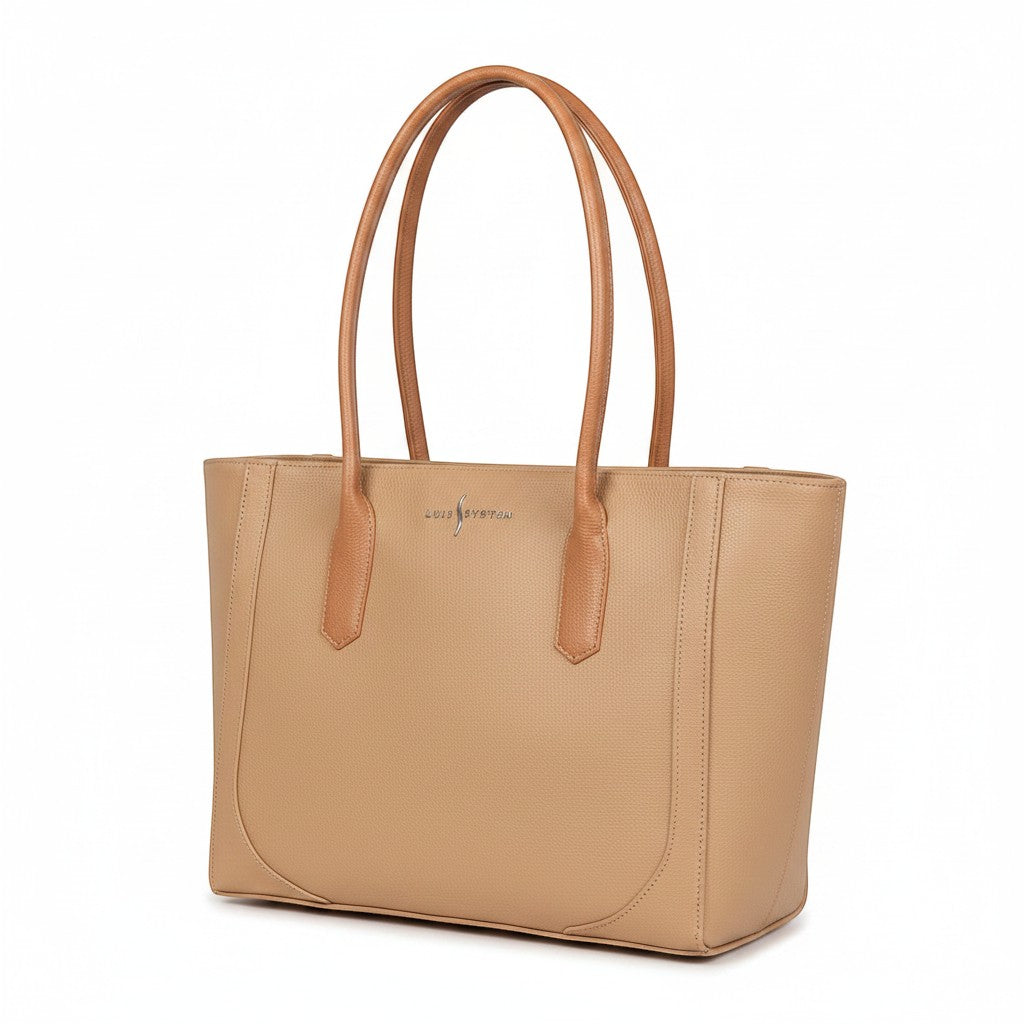 Luis Steven Medium Tote Pro 2.0 in sand pebble leather with dual handles and a top zipper closure.