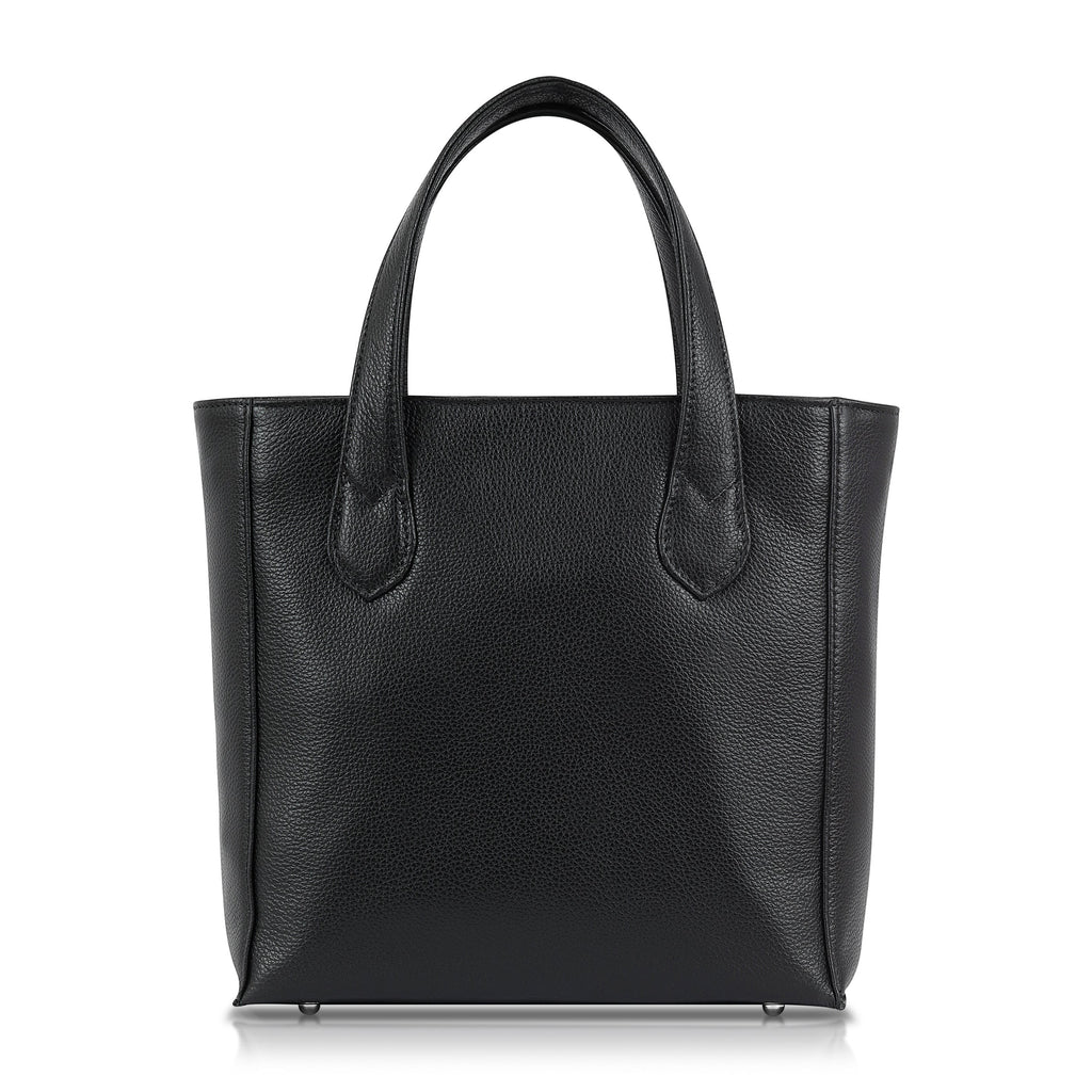 Luis Steven small black bucket tote in premium Italian pebble leather with dual handles and a structured silhouette.
