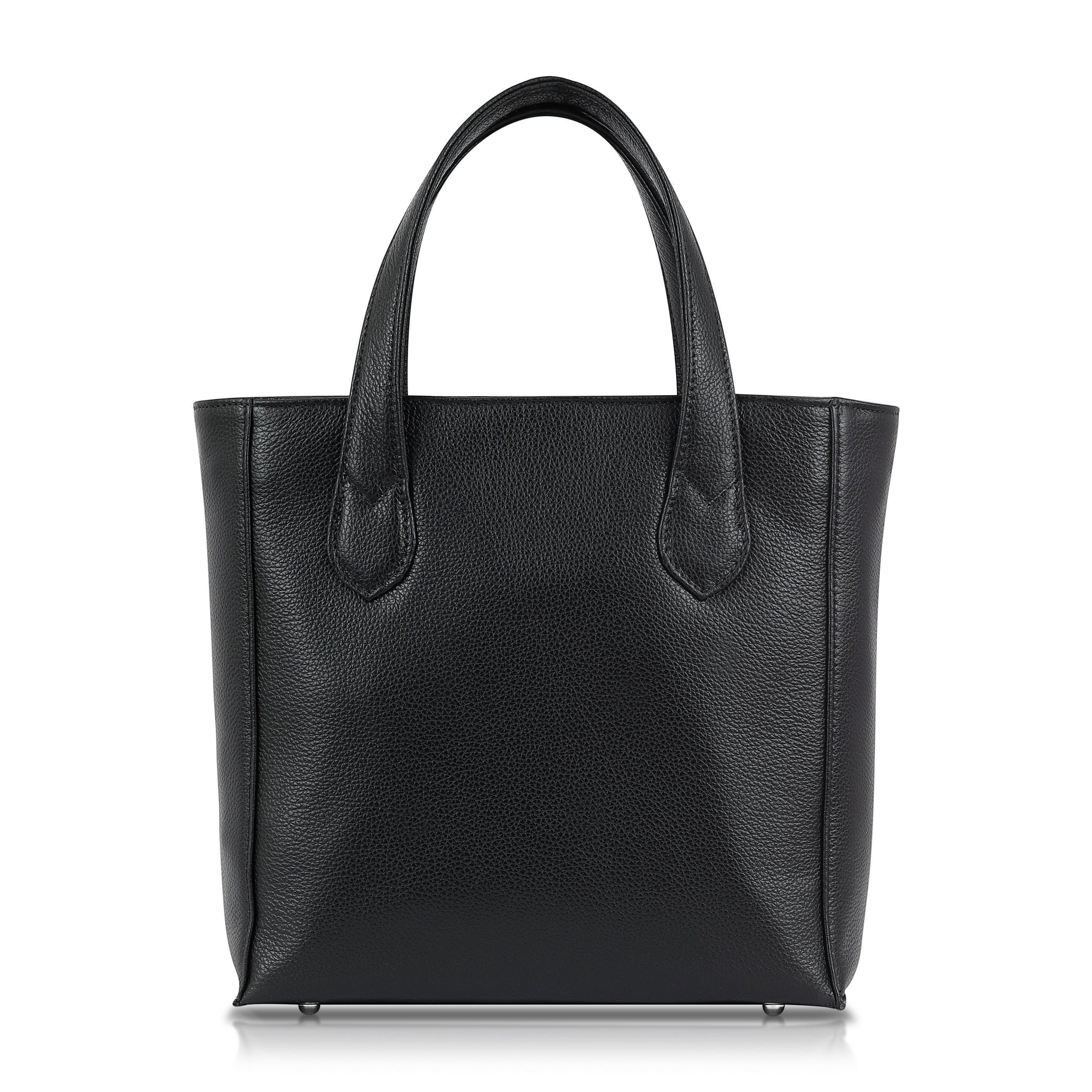 Luis Steven small black bucket tote in premium Italian pebble leather with dual handles and a structured silhouette.