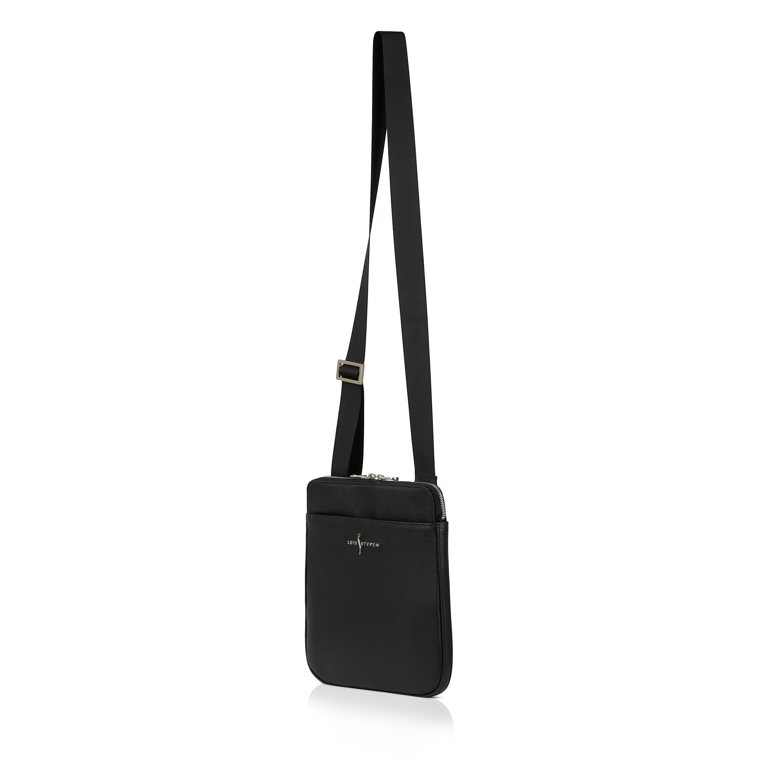 Luis Steven Sporty Messenger bag in black Italian pebble leather with adjustable strap and nickel hardware.