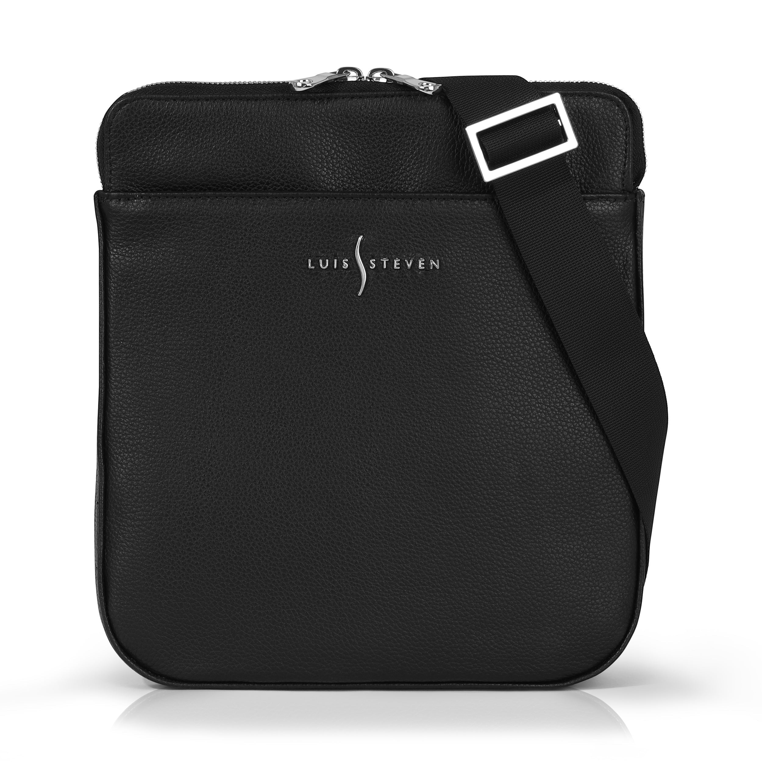 Luis Steven Sporty Messenger bag in black Italian pebble leather with nickel hardware and adjustable crossbody strap.