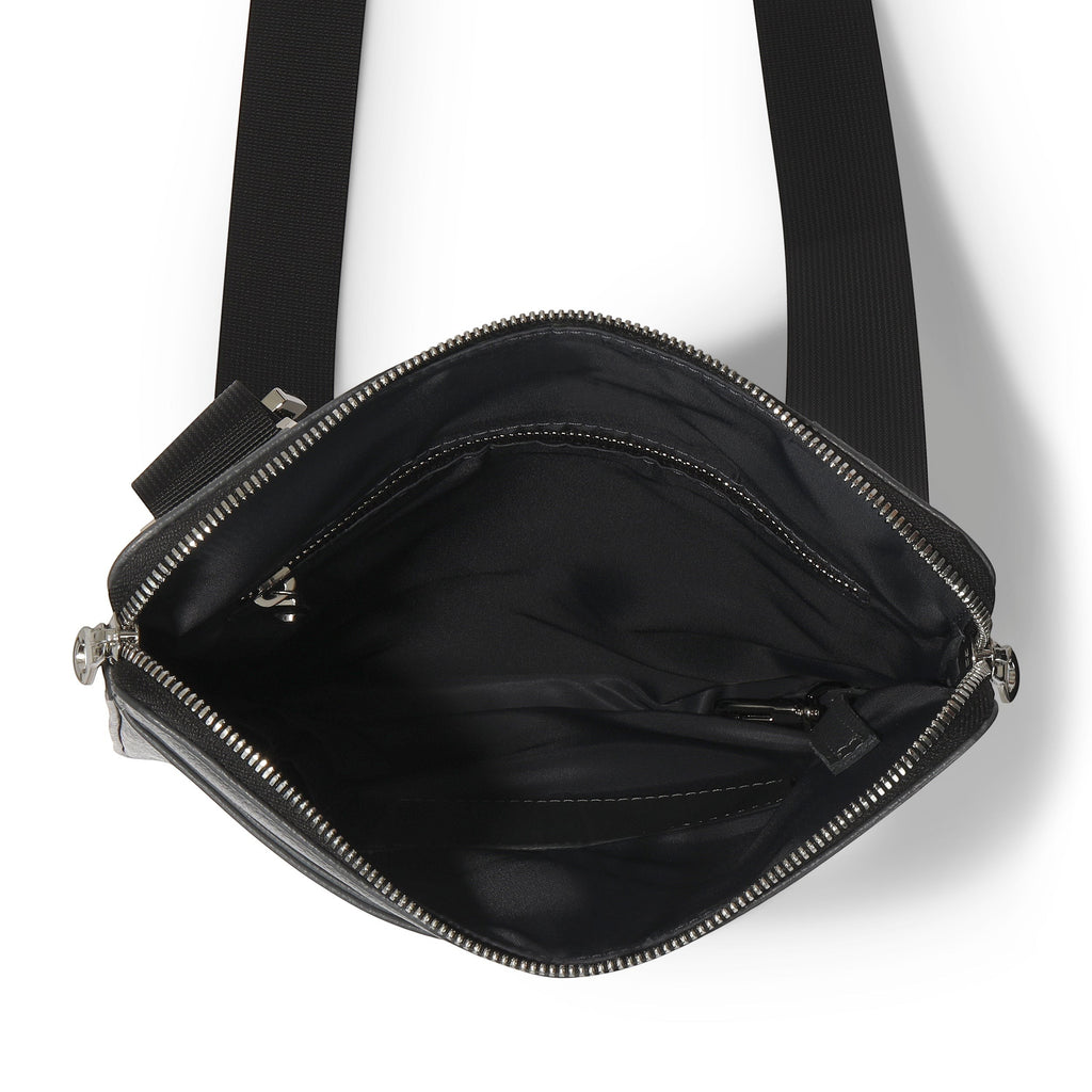 Luis Steven Sporty Messenger bag in gray pebble leather with black nylon lining, nickel hardware, and zipper closure.