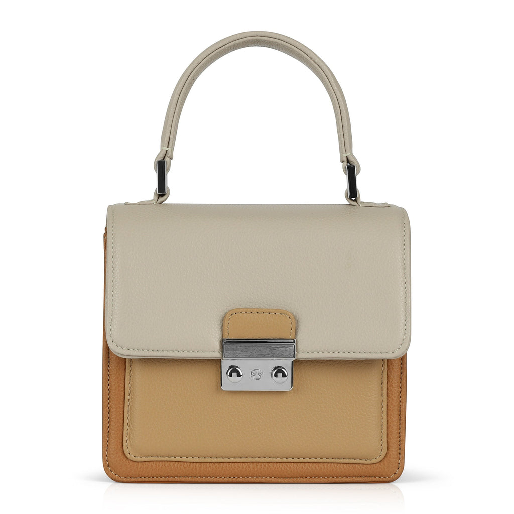 Luis Steven Madie small top handle bag in tan and cream pebble leather with nickel hardware and a secure lock closure.