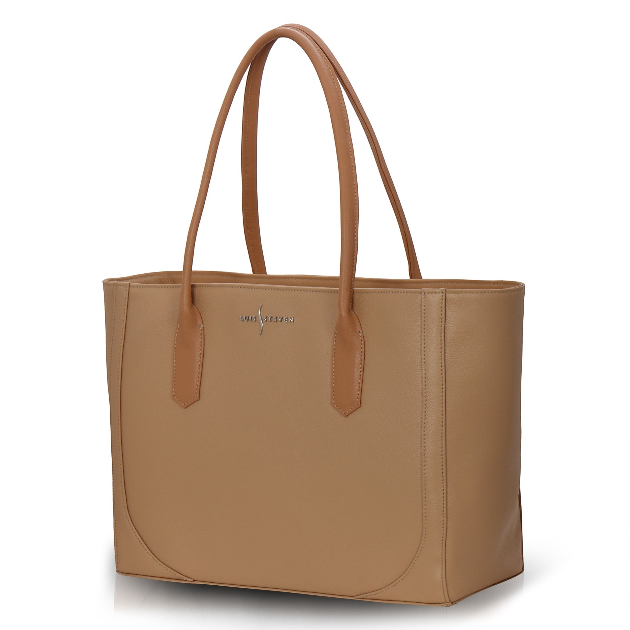 Luis Steven Large Tote Pro 2.0 in tan Italian pebble leather with long handles and a secure top zipper closure.