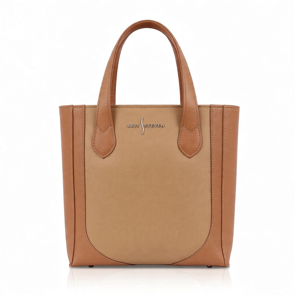 Luis Steven small bucket tote in tan pebble leather with dual handles and silver logo hardware