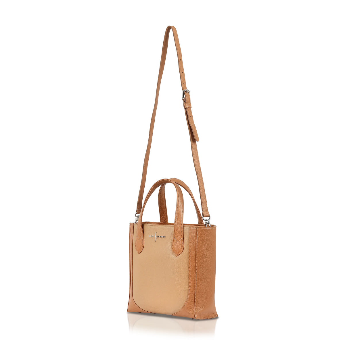 Luis Steven tan pebble leather small bucket tote with top handles and an adjustable crossbody strap