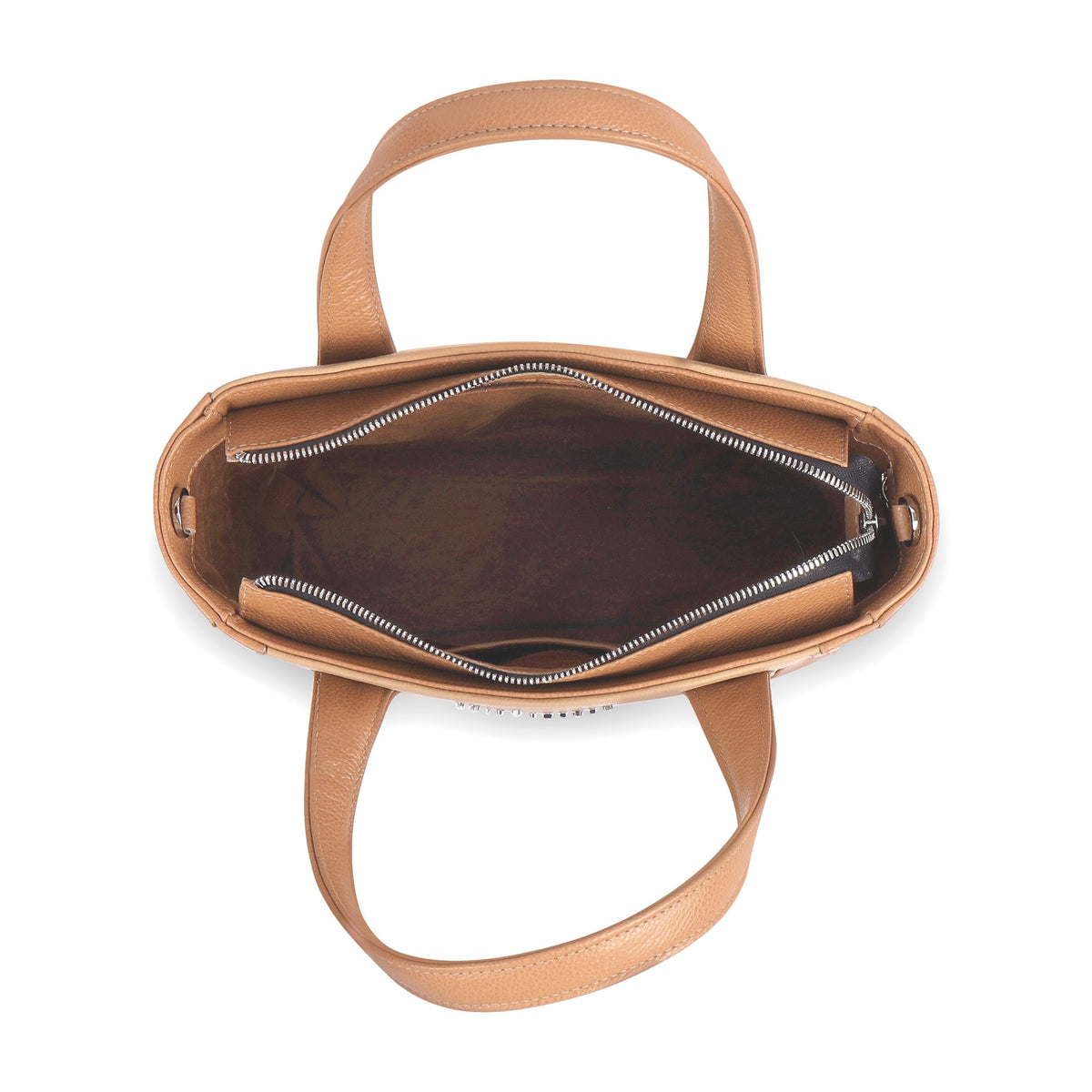 Luis Steven tan pebble leather bucket tote bag with top zipper closure and suede interior, top-down view.