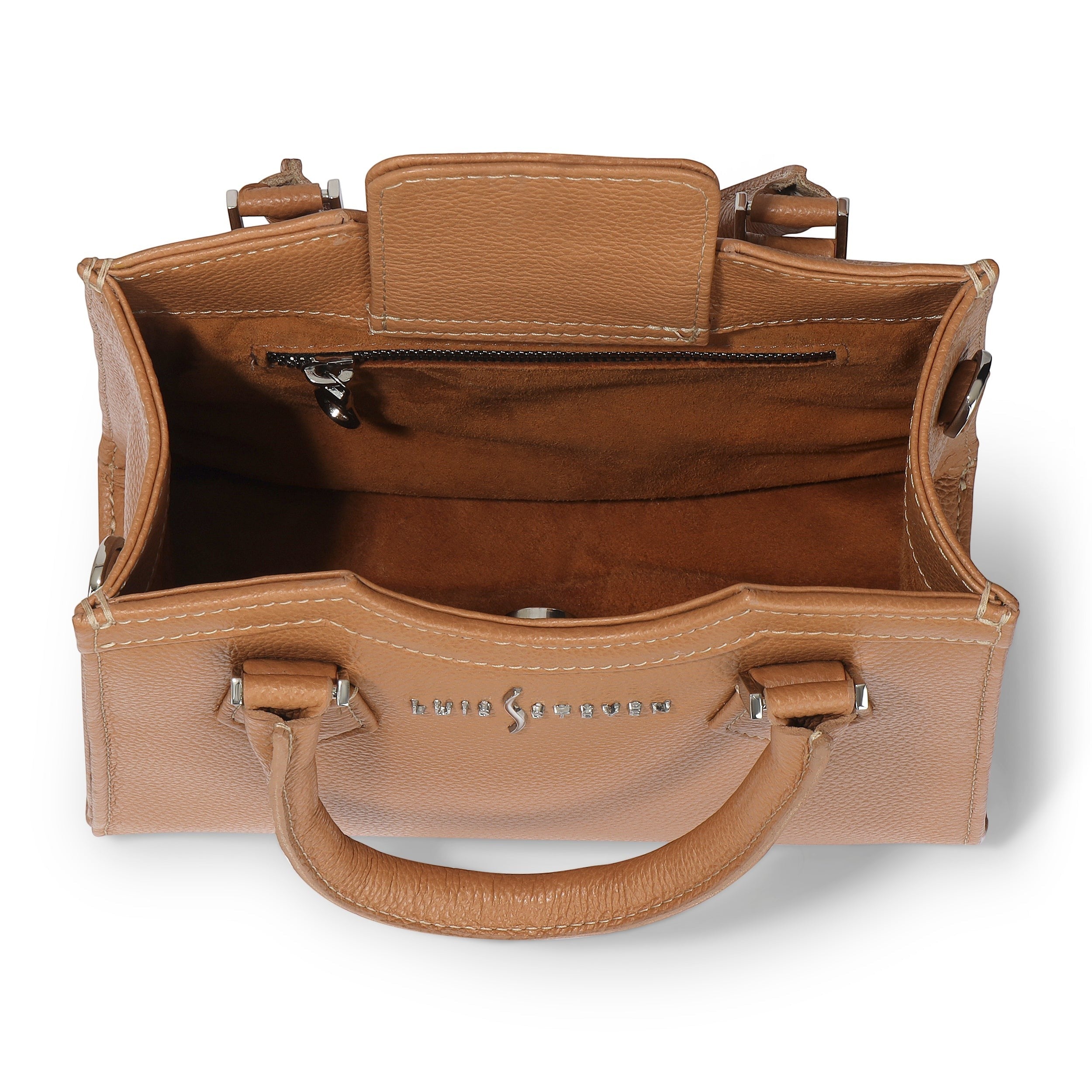 Luis Steven tan pebble leather mini tote bag with suede interior and nickel hardware, top-down view