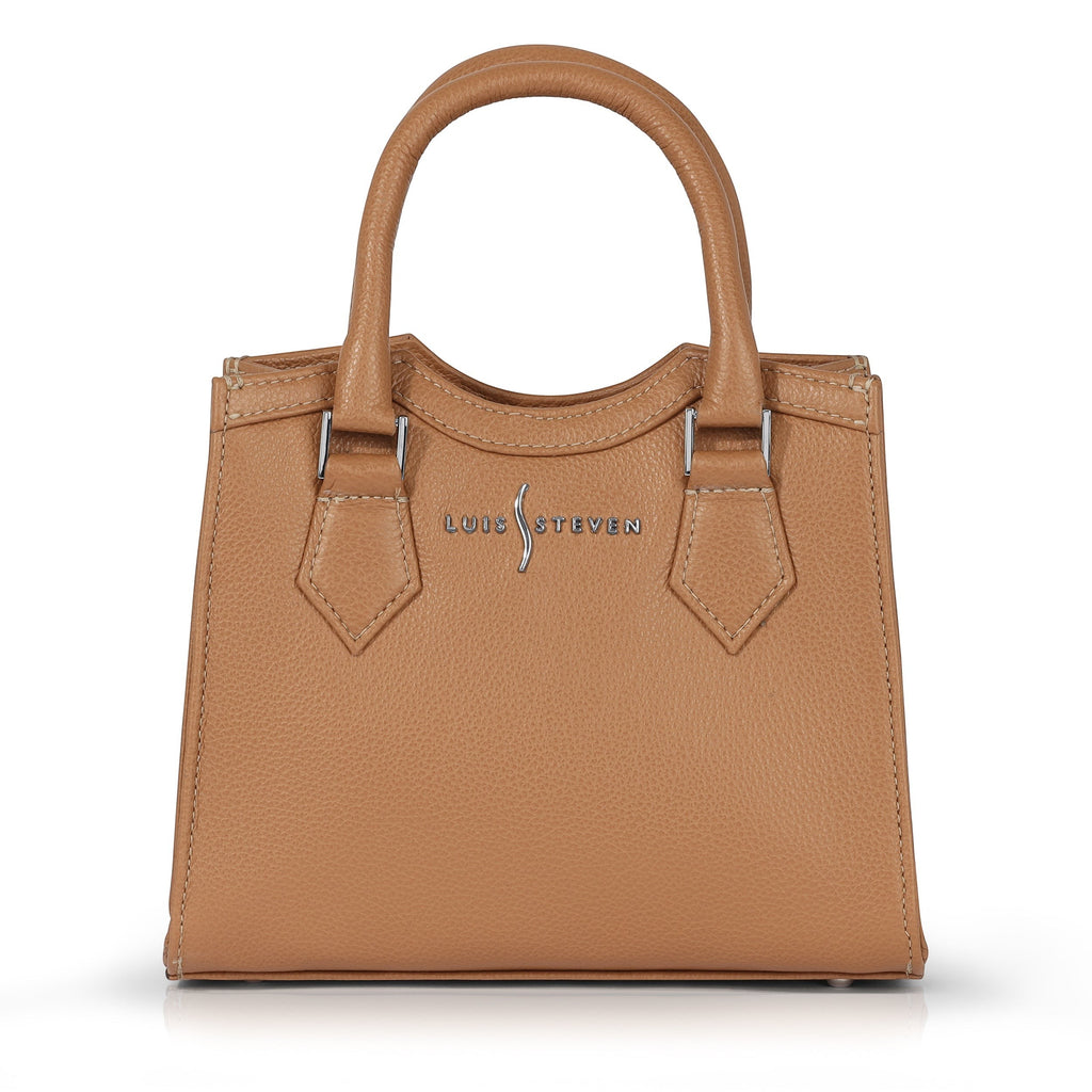 Luis Steven Donna's mini tote bag in tan Italian pebble leather with top handles and nickel hardware.