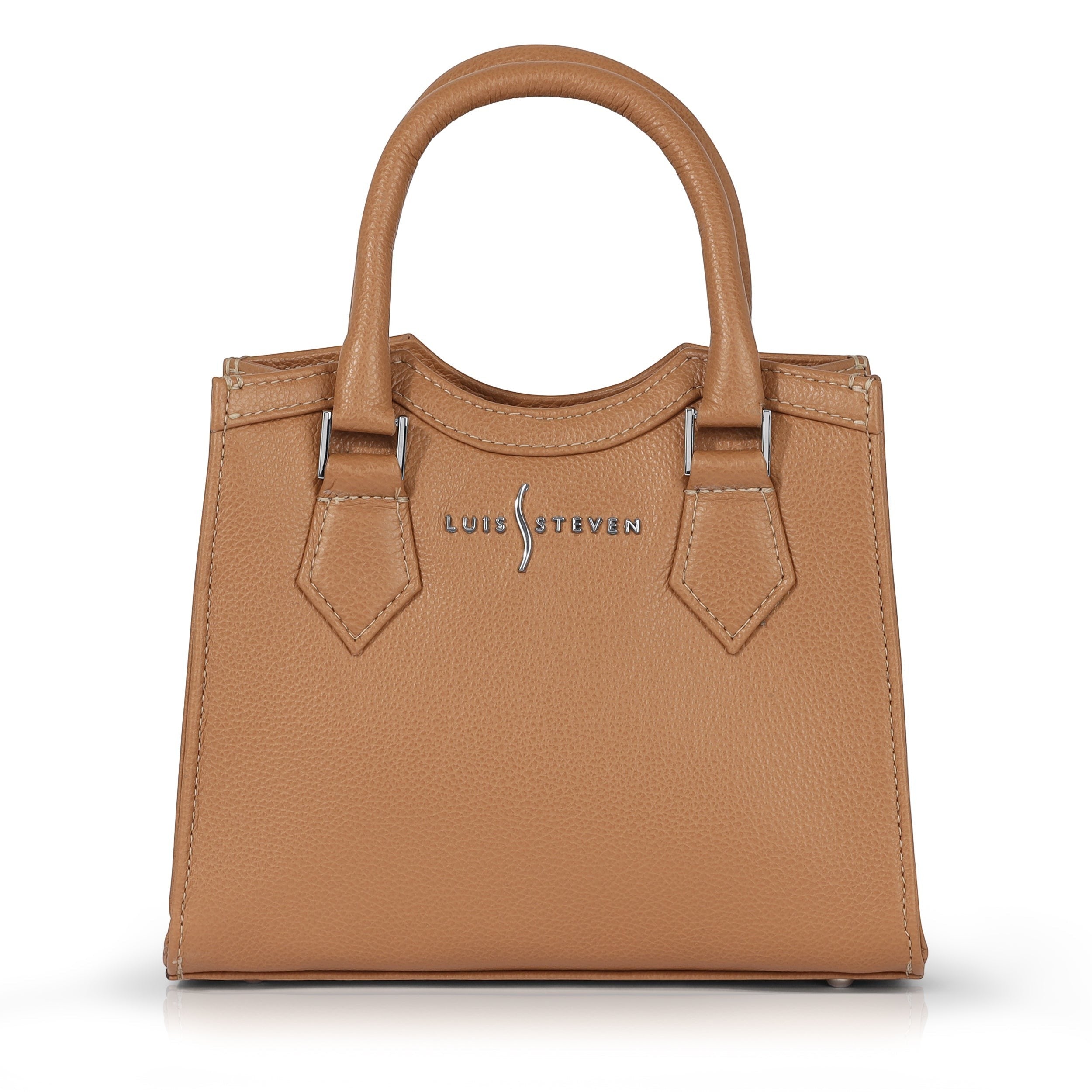 Luis Steven Donna's mini tote bag in tan Italian pebble leather with top handles and nickel hardware.