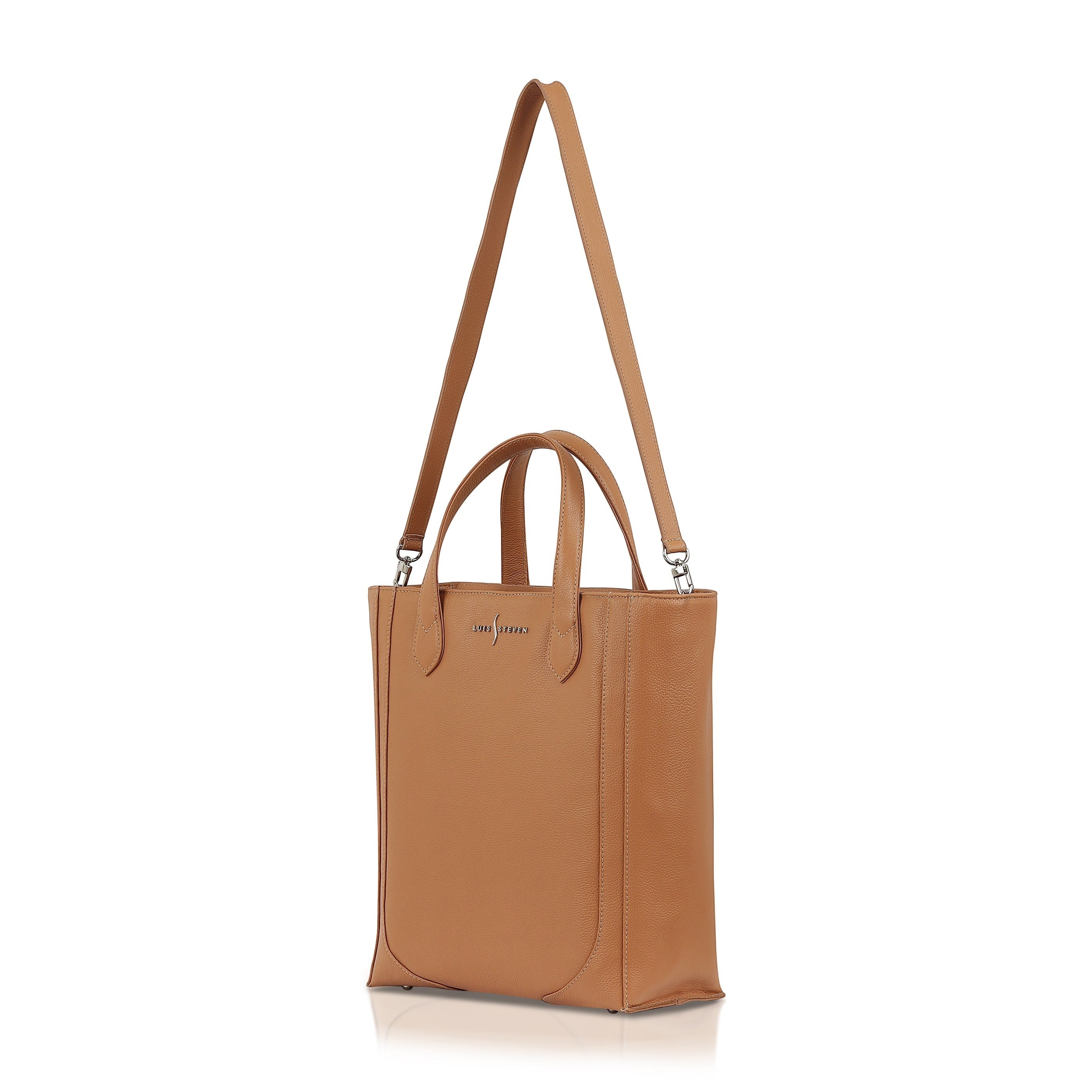 Luis Steven tan pebble leather tall office tote with top handles and removable shoulder strap.