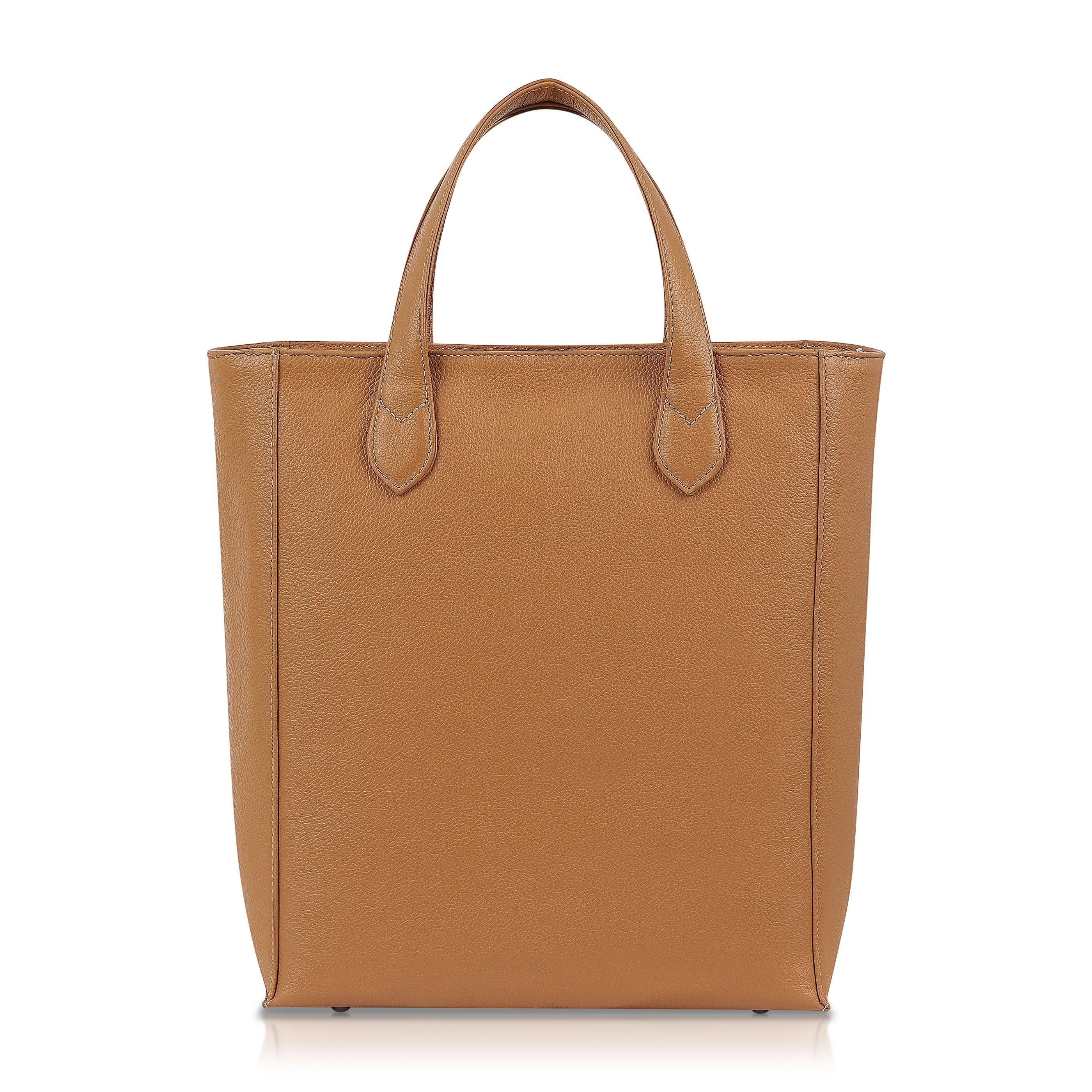 Luis Steven tan pebble leather tall office tote with top handles and removable shoulder strap.