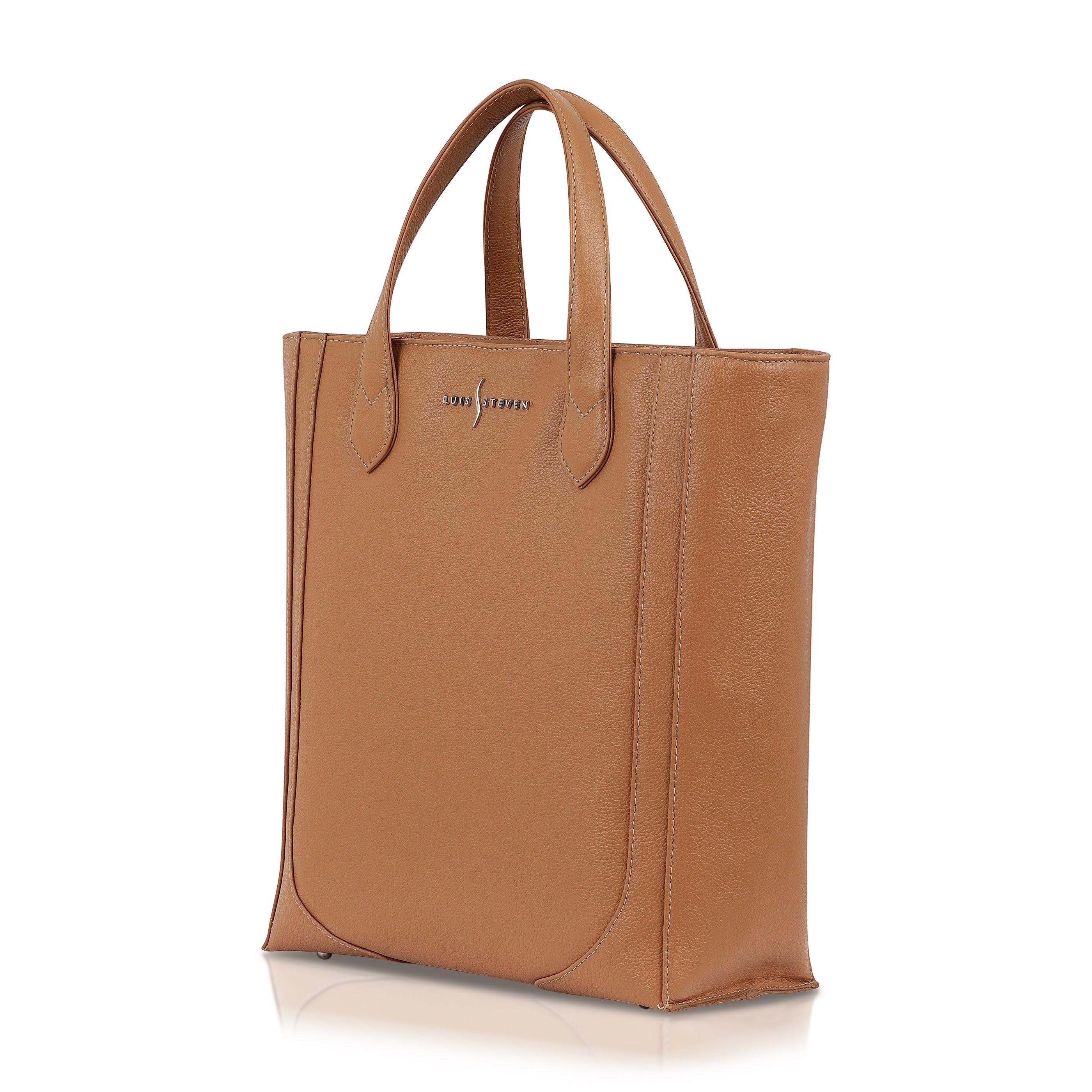 Luis Steven tan pebble leather tall office tote bag with top handles and a removable shoulder strap.
