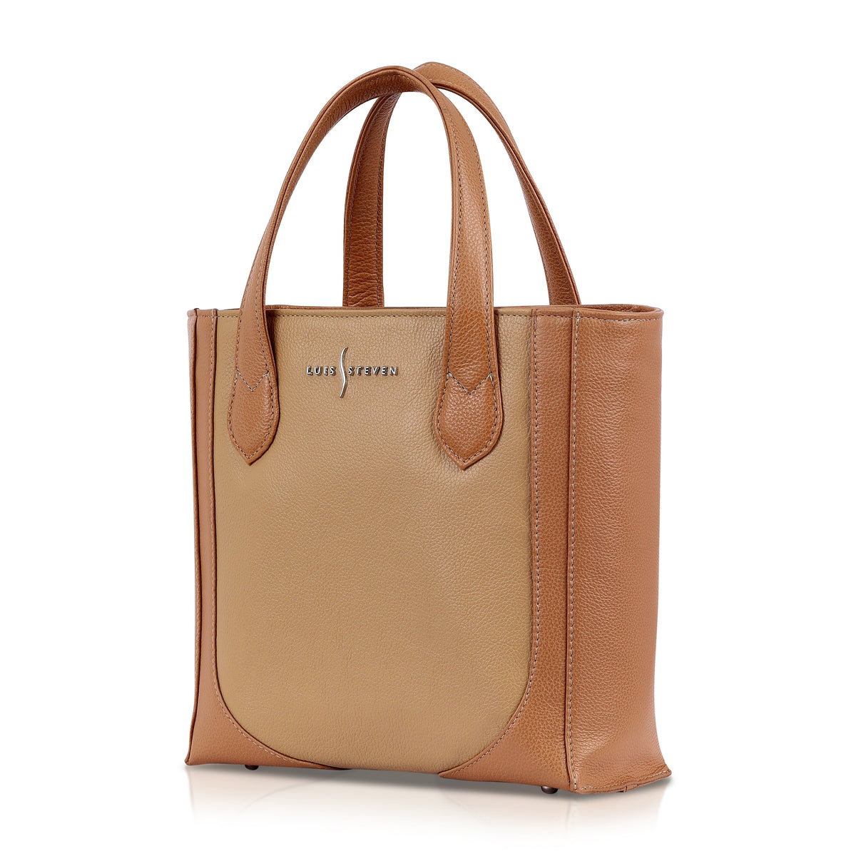 Luis Steven tan pebble leather small bucket tote with top handles and nickel hardware