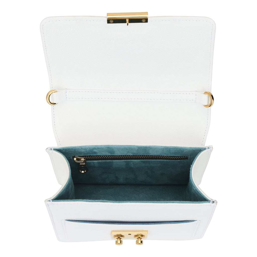 Luis Steven Madie white pebble leather top handle bag with gold hardware and teal suede lining.