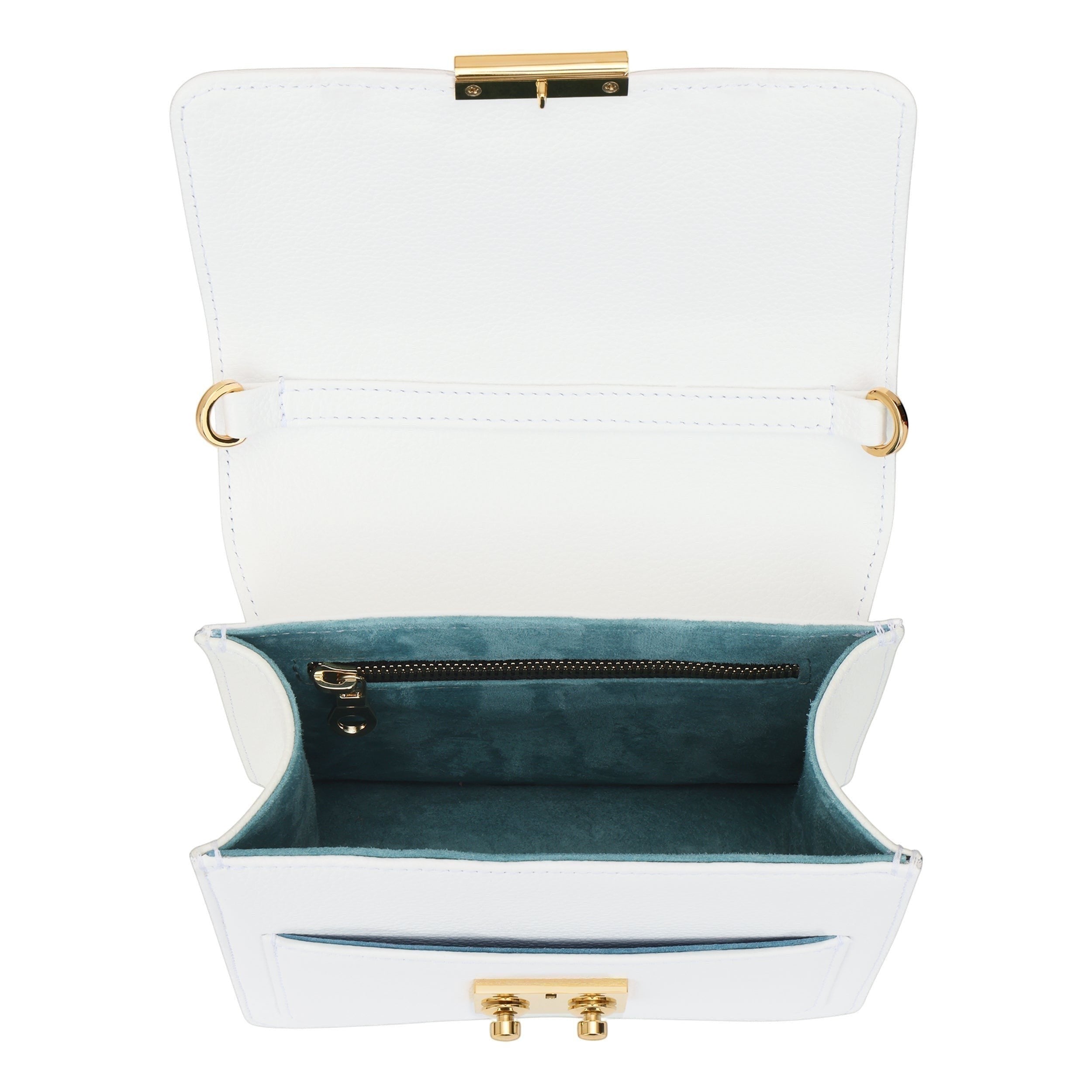 Luis Steven Madie white pebble leather top handle bag with gold hardware and teal suede lining.