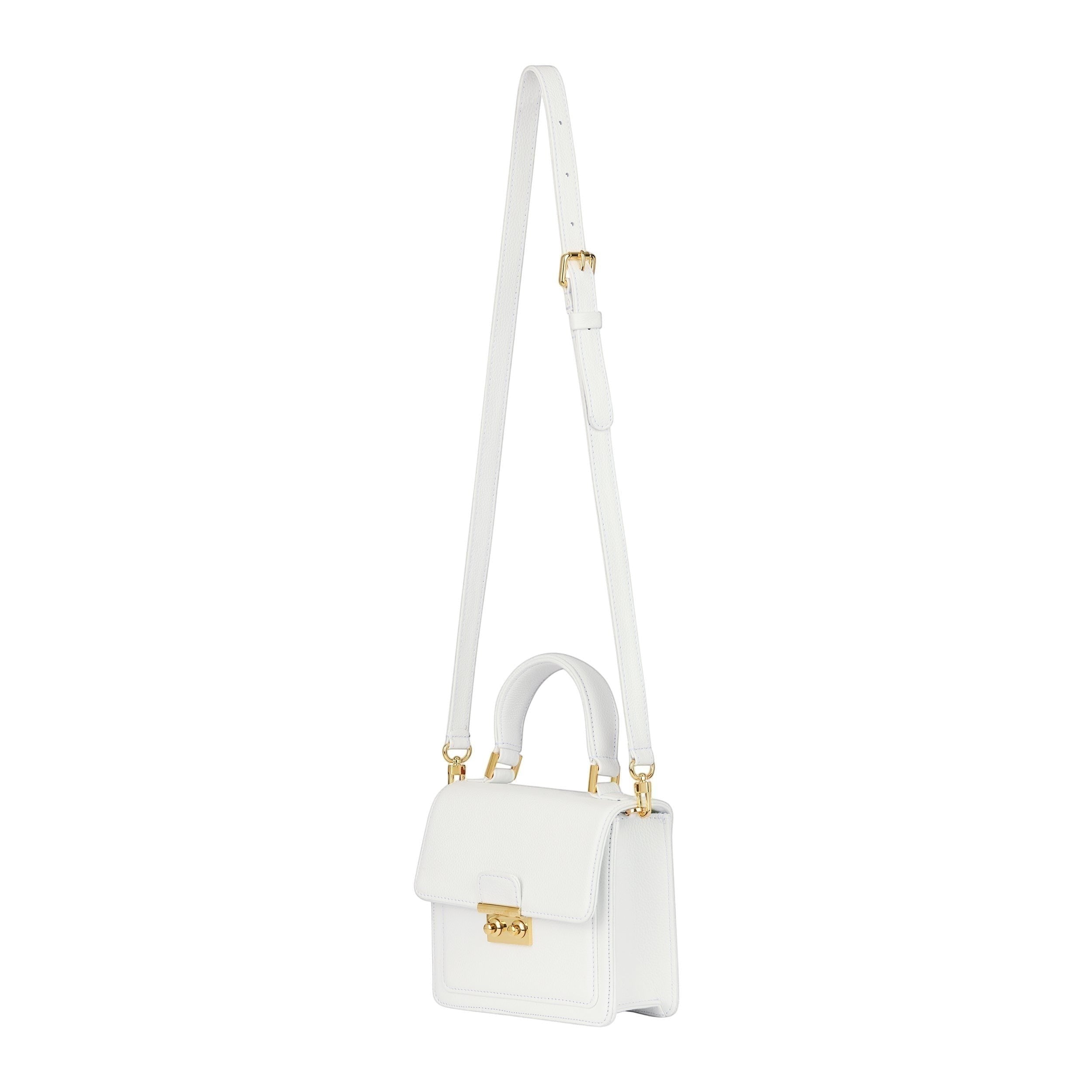 Luis Steven Madie white pebble leather top handle bag with gold hardware and detachable crossbody strap.