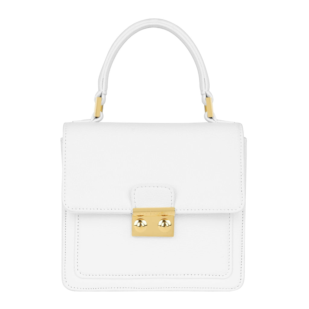 Luis Steven white pebble leather small top handle bag with gold hardware and lock closure.