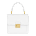Luis Steven white pebble leather small top handle bag with gold hardware and lock closure.