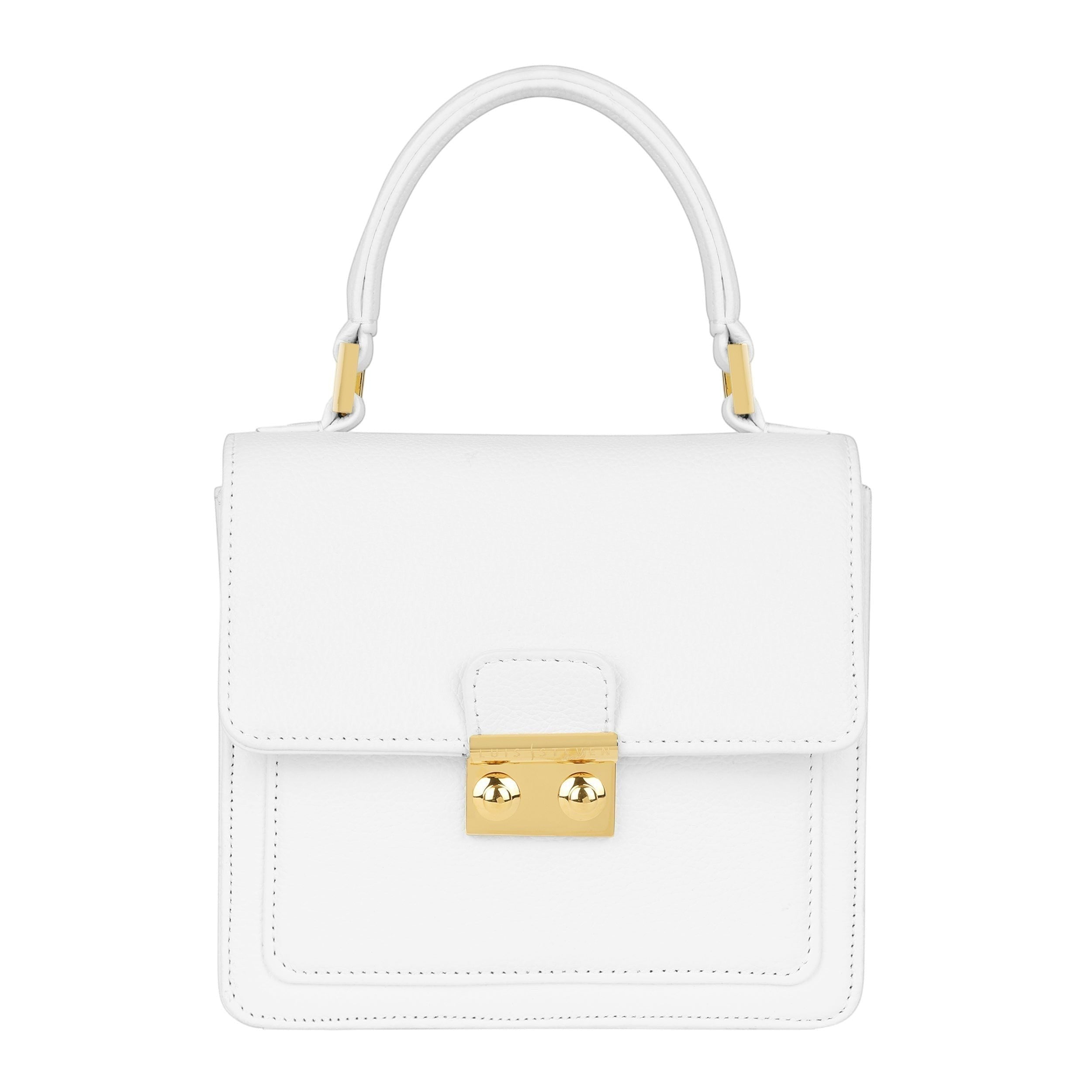 Luis Steven white pebble leather small top handle bag with gold hardware and lock closure.