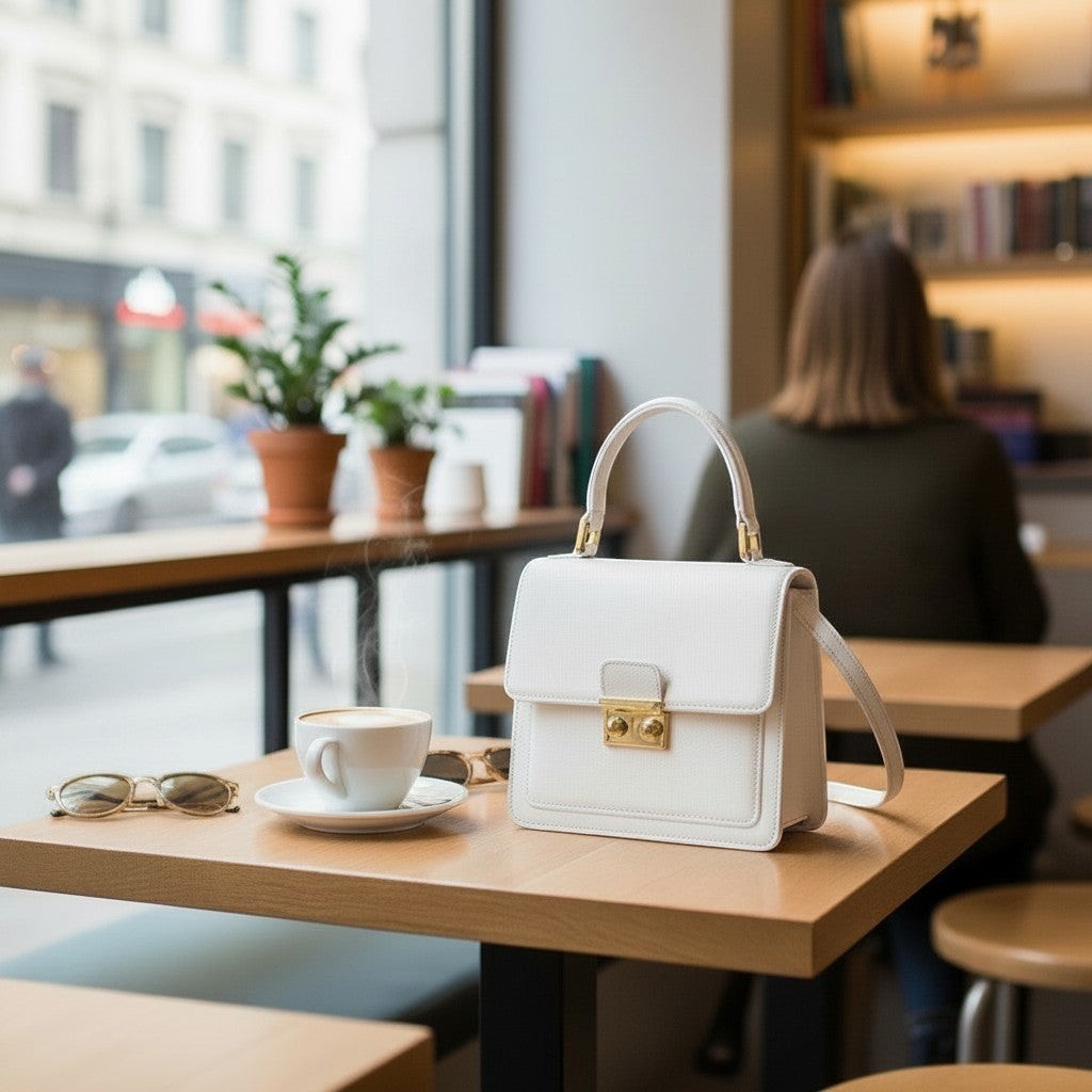 Luis Steven white pebble leather top handle bag with gold hardware and detachable crossbody strap.