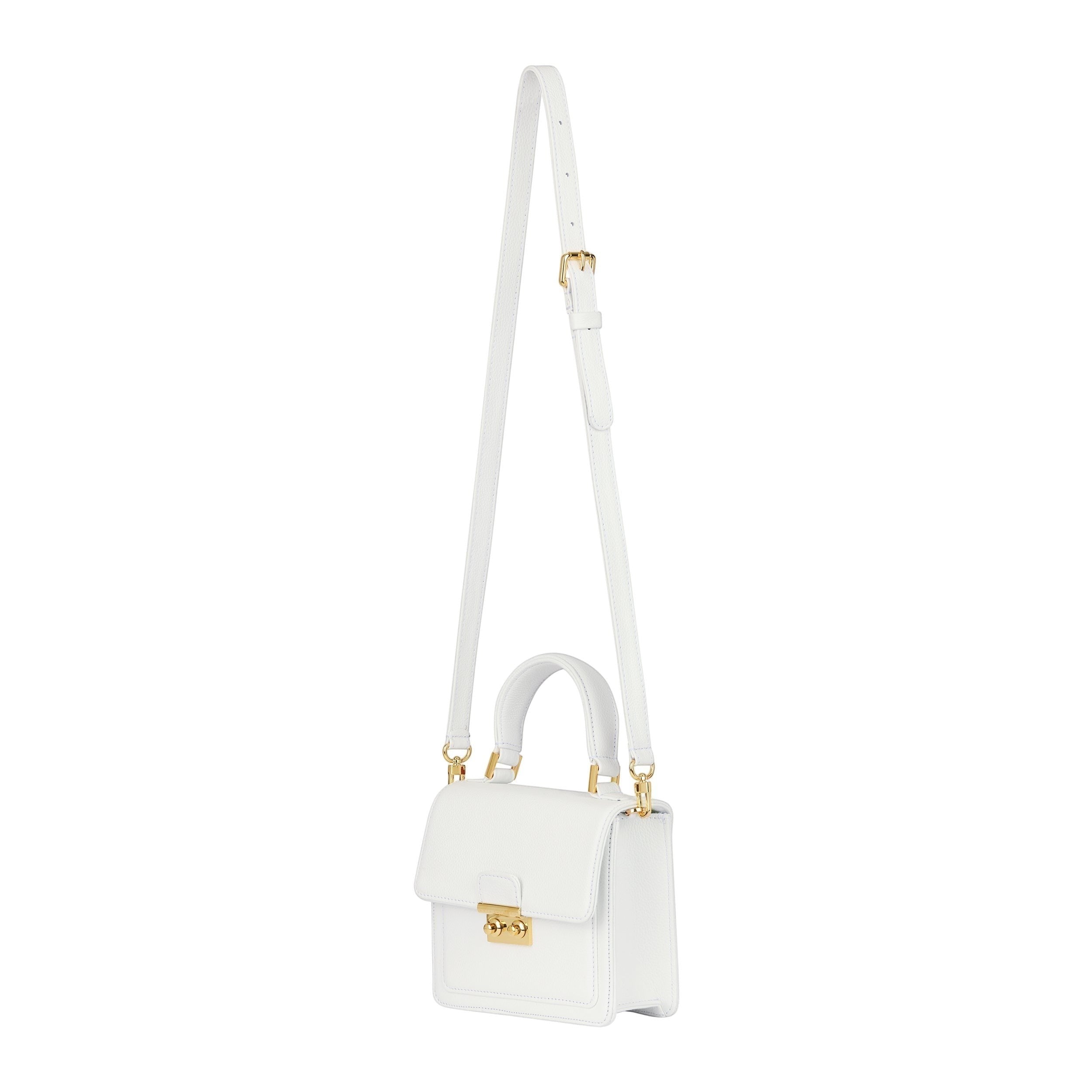 Luis Steven Madie white pebble leather top handle bag with gold hardware and detachable crossbody strap.
