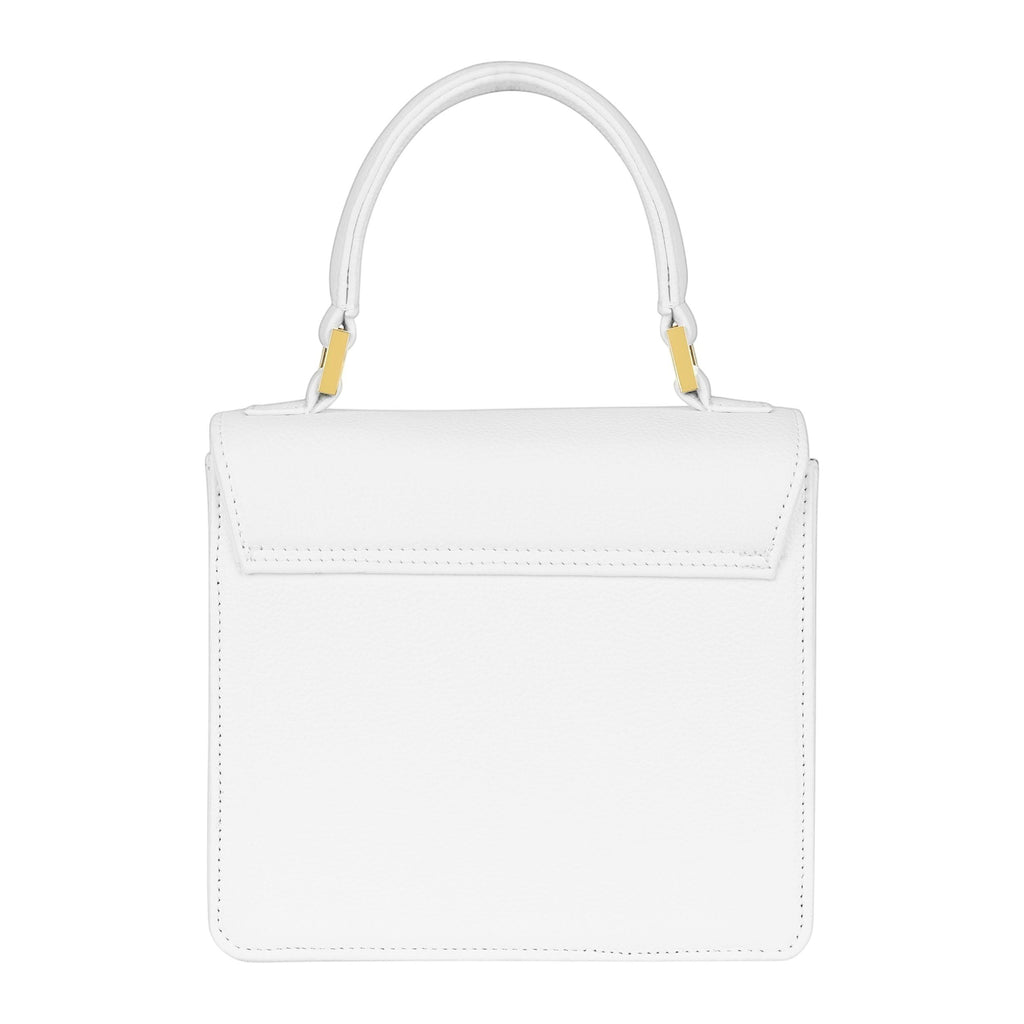 Luis Steven Madie white pebble leather top handle bag with gold hardware and detachable crossbody strap.