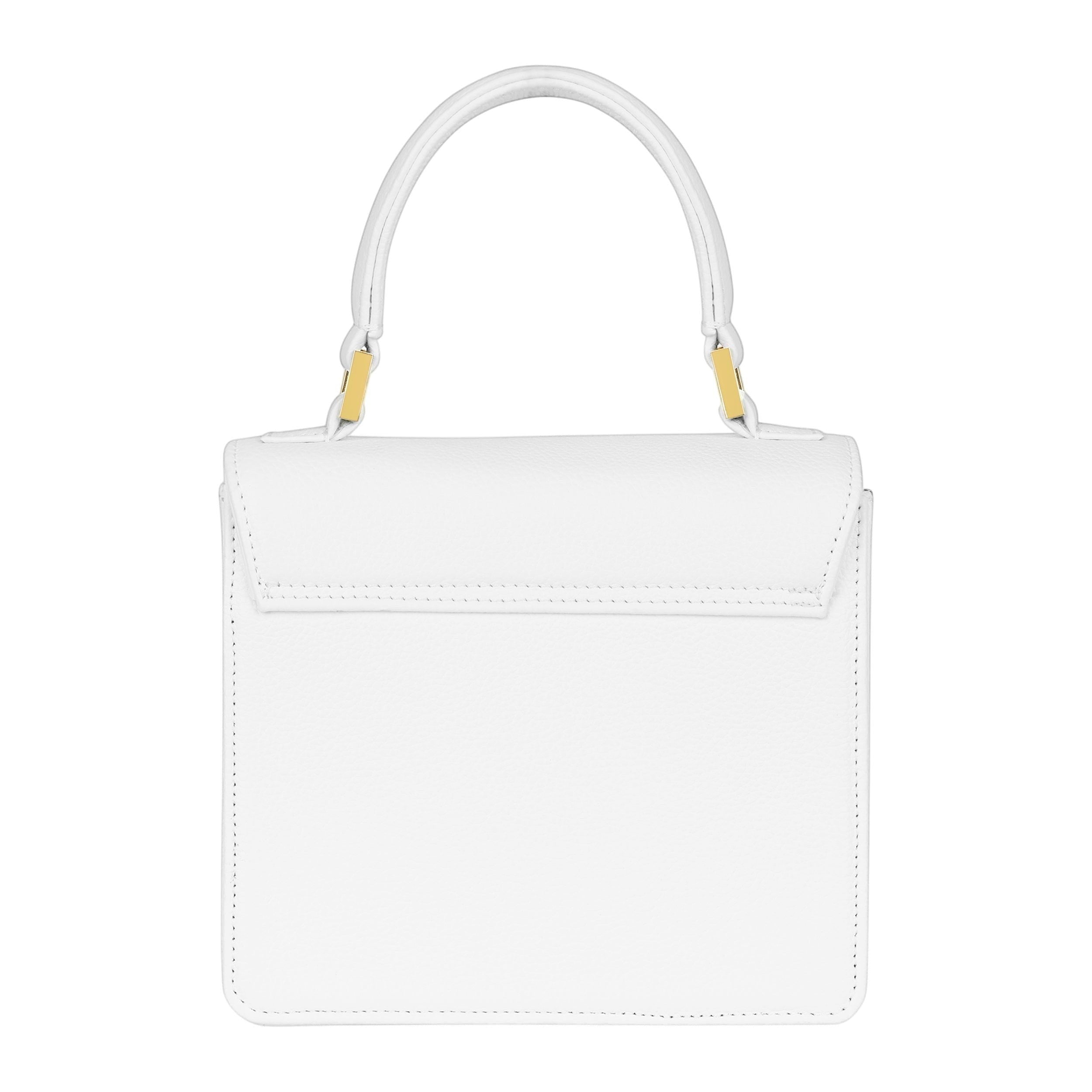 Luis Steven Madie white pebble leather top handle bag with gold hardware and detachable crossbody strap.