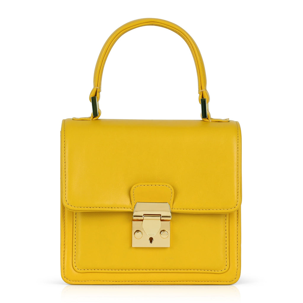 Luis Steven Madie yellow nappa leather top handle bag with gold hardware and a secure lock closure.