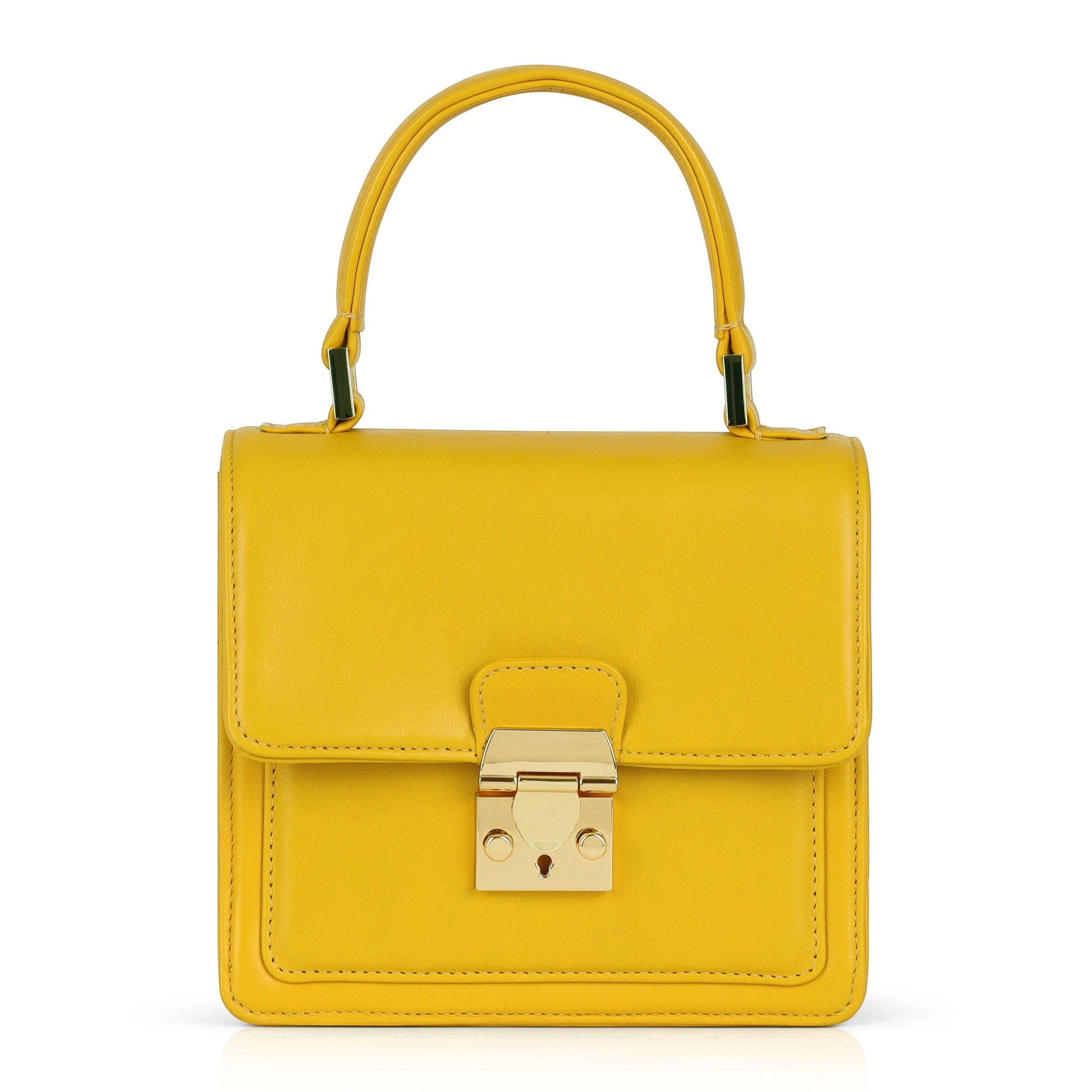 Luis Steven Madie yellow nappa leather top handle bag with gold hardware and a secure lock closure.
