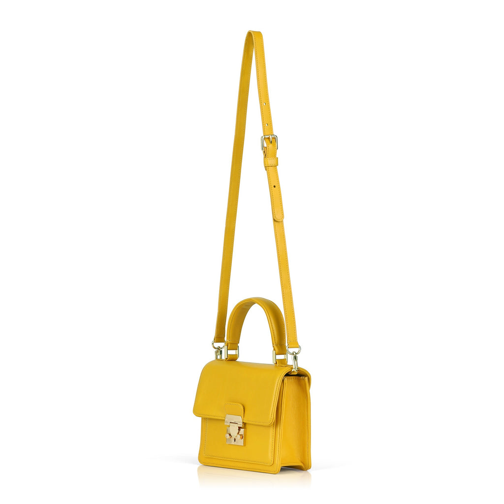 Luis Steven Madie yellow nappa leather top handle bag with gold hardware and detachable crossbody strap