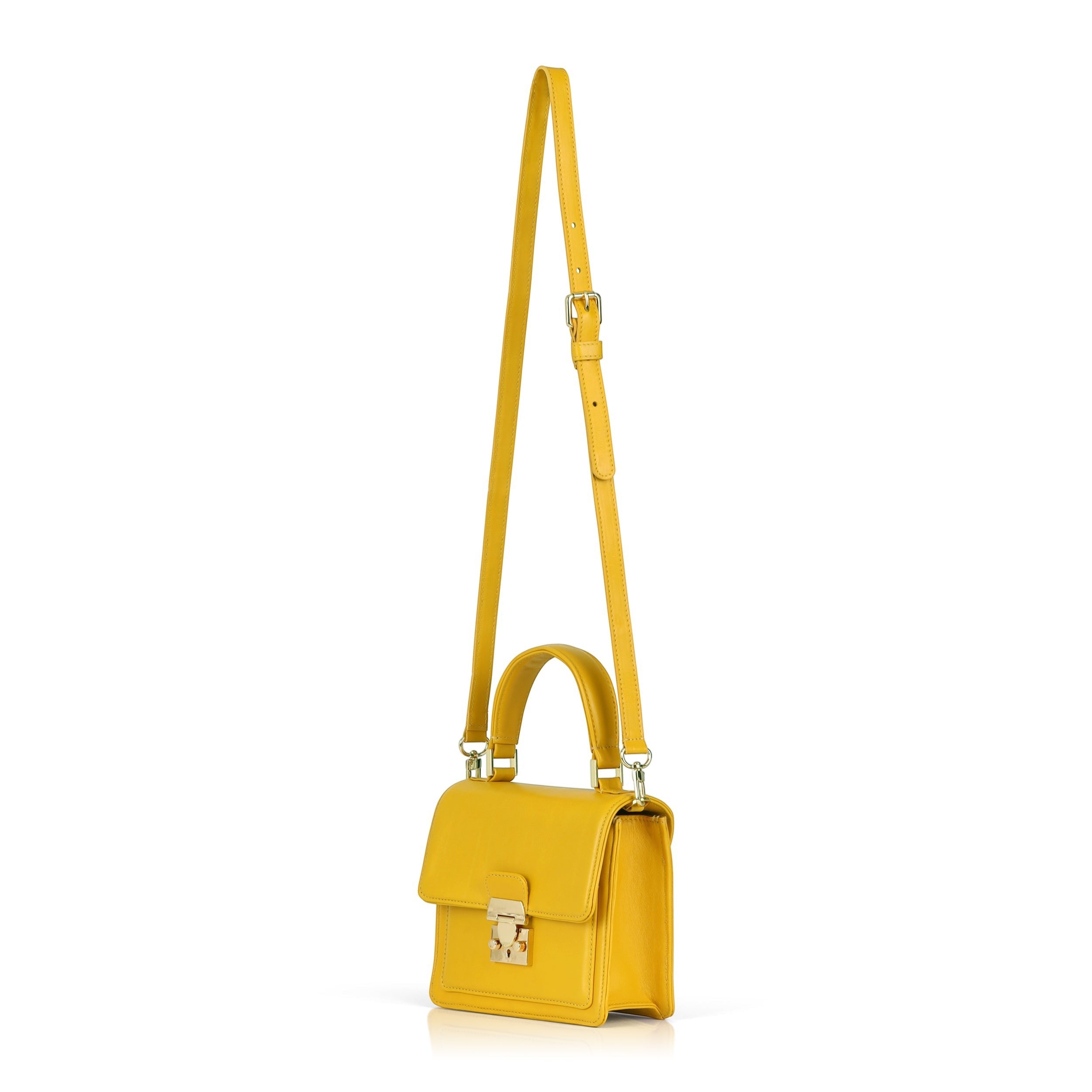 Luis Steven Madie yellow nappa leather top handle bag with gold hardware and detachable crossbody strap