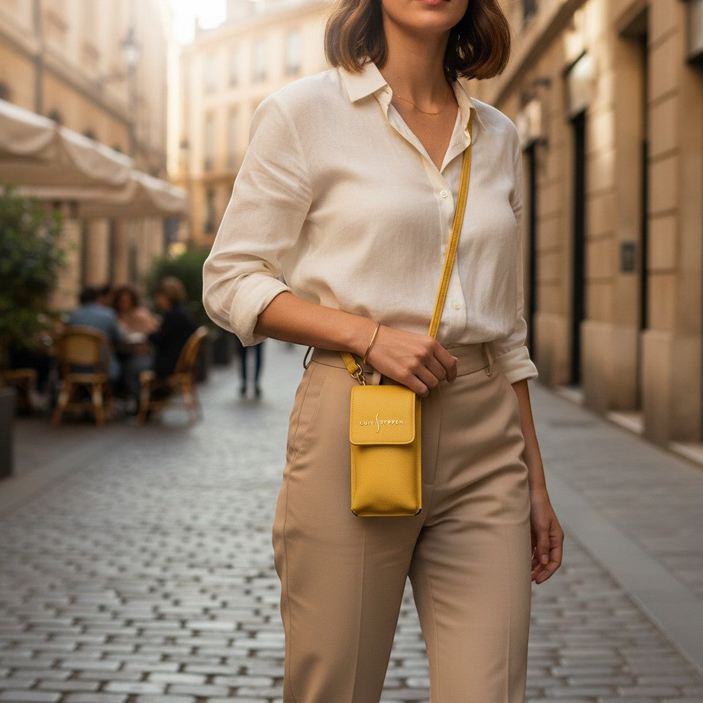Luis Steven yellow pebble leather smartphone pouch with flap closure, crossbody strap, and card slots. Model wears it on a city street.