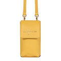 Luis Steven yellow pebble leather smartphone pouch with flap closure, adjustable strap, and card slots.