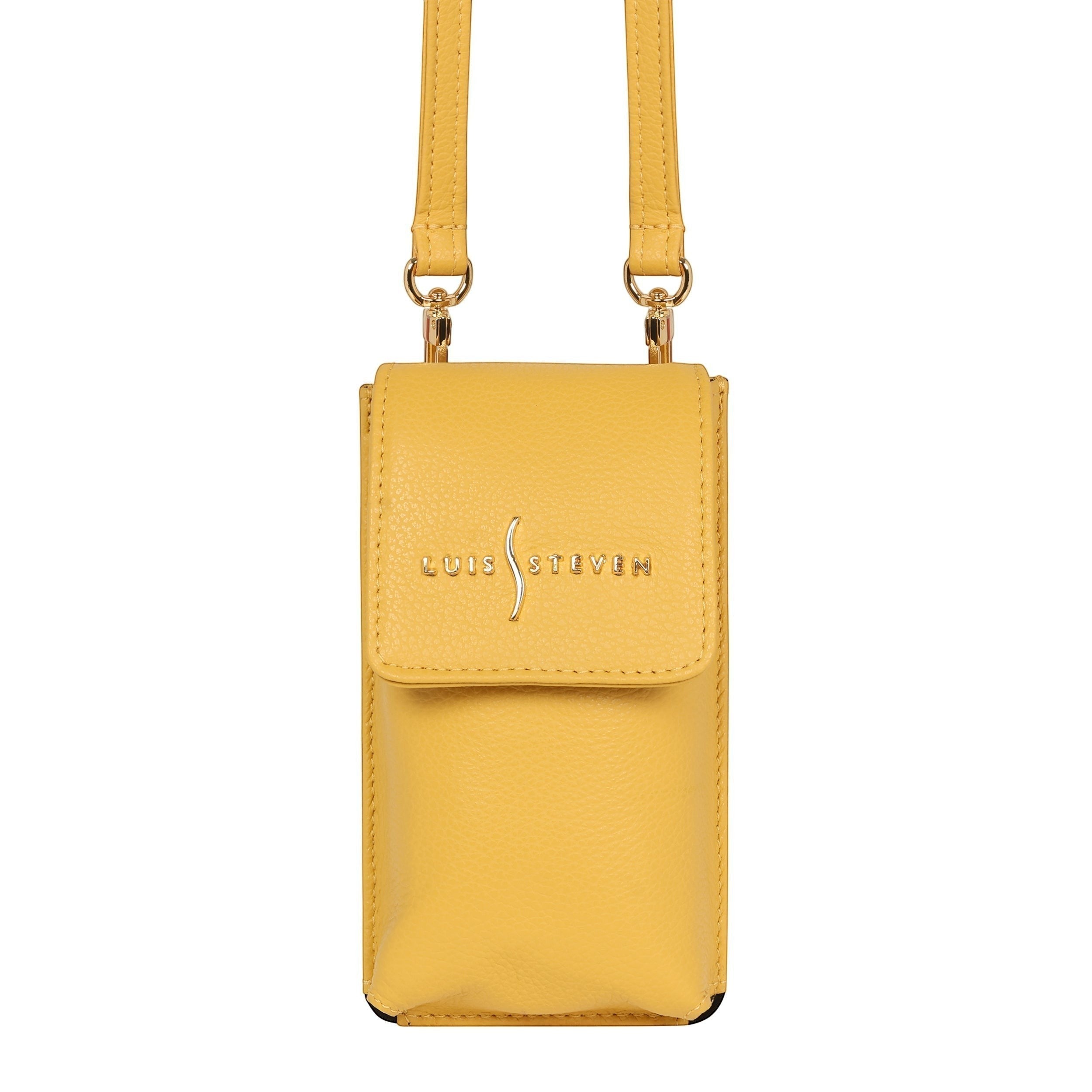 Luis Steven yellow pebble leather smartphone pouch with flap closure, adjustable strap, and card slots.