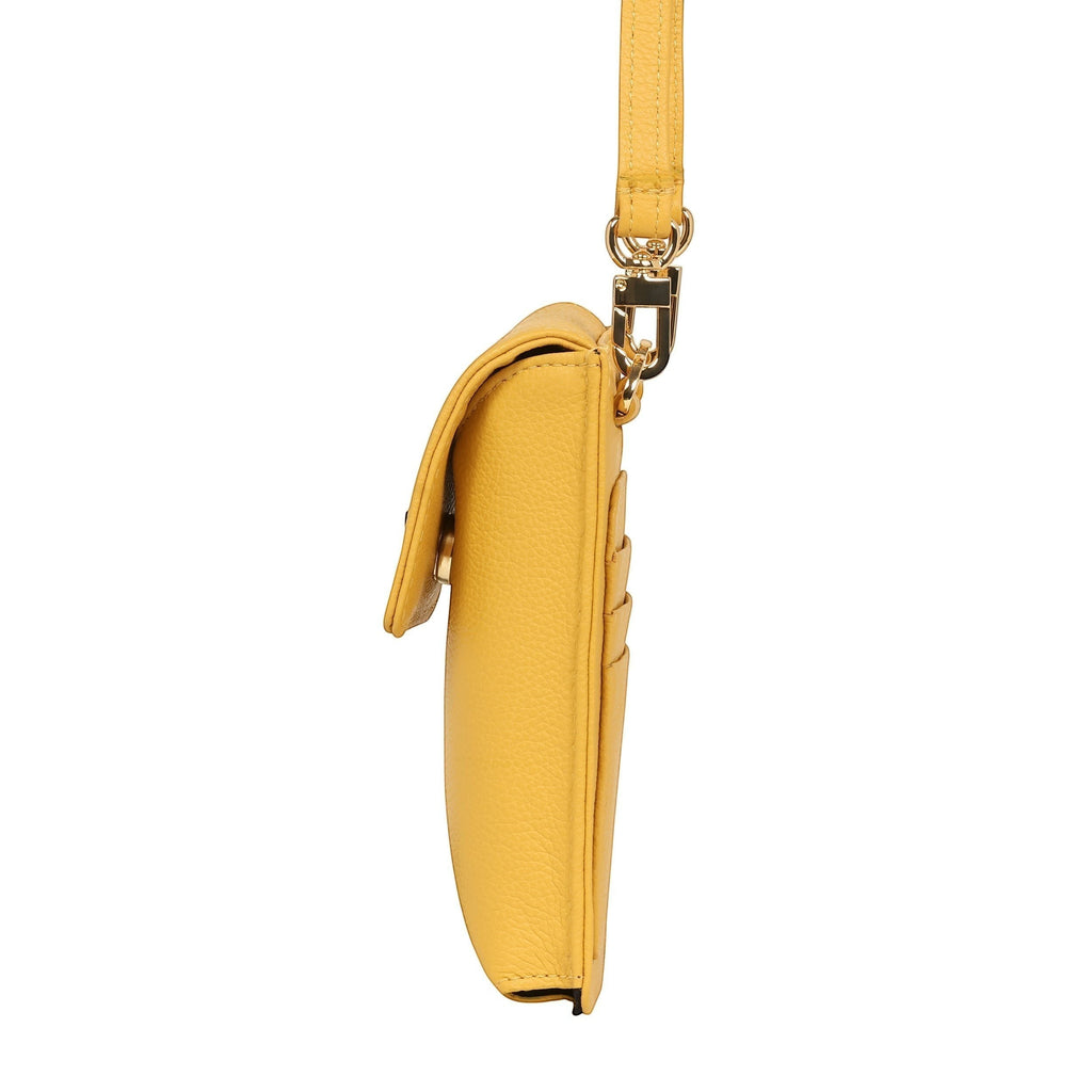 Luis Steven yellow pebble leather smartphone pouch with flap closure, adjustable strap, and card slots.