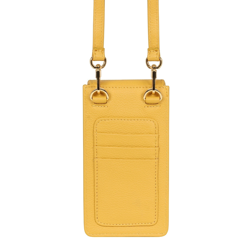 Luis Steven yellow pebble leather smartphone pouch with flap closure, adjustable strap, and 3 card slots.