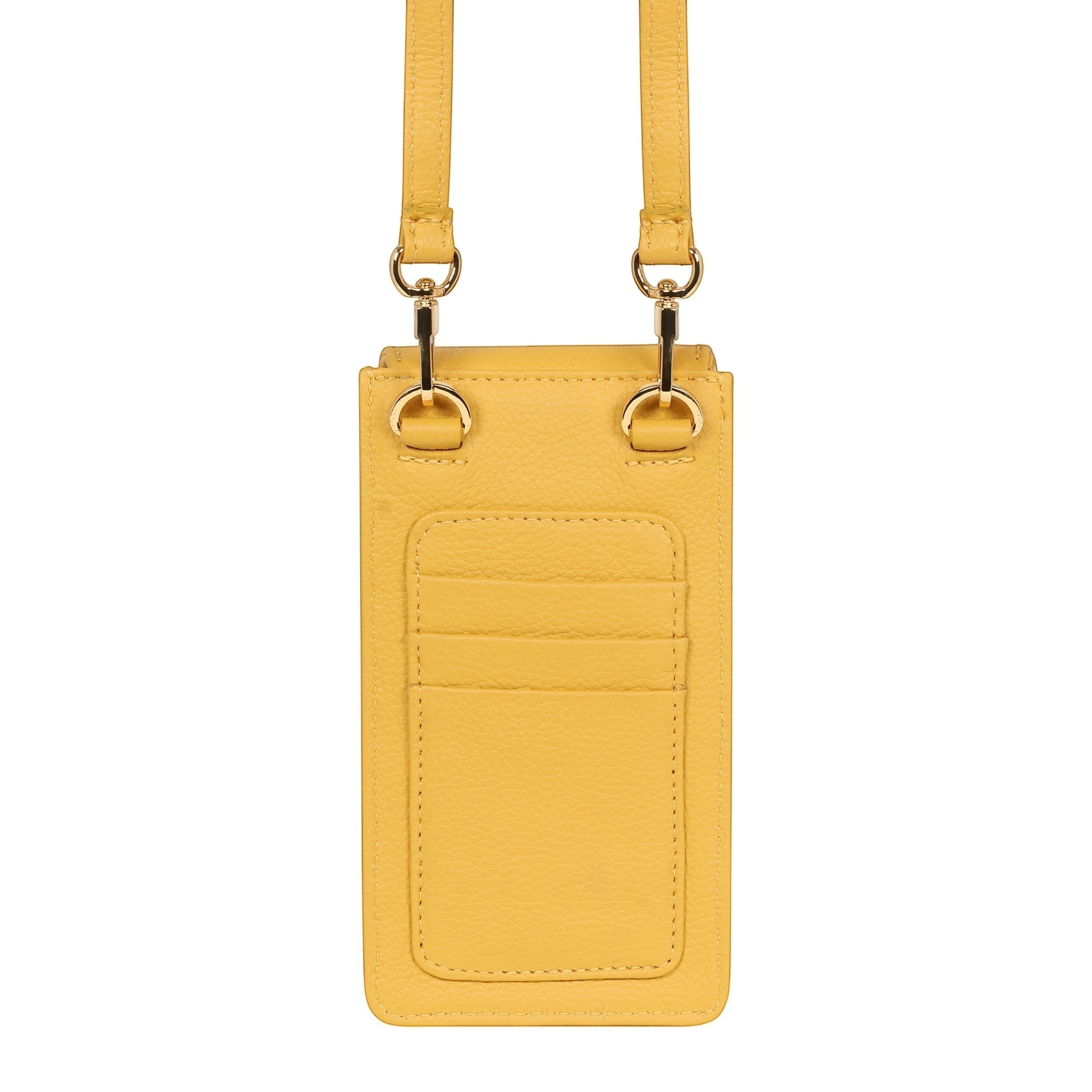 Luis Steven yellow pebble leather smartphone pouch with flap closure, adjustable strap, and 3 card slots.