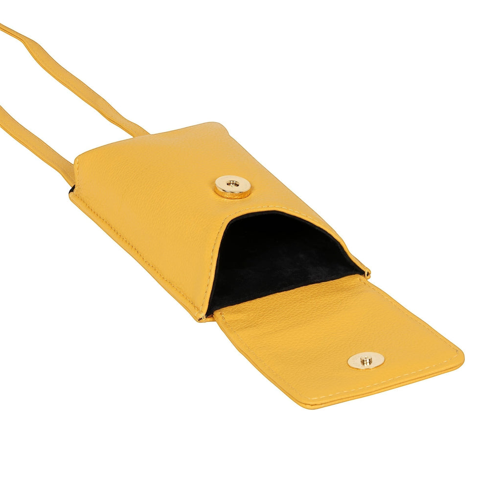 Luis Steven yellow pebble leather smartphone pouch with flap closure, adjustable strap, and card slots.