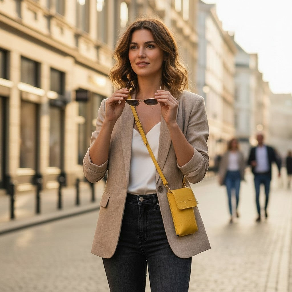 Luis Steven yellow pebble leather smartphone pouch with crossbody strap and card slots, worn by a woman on a city street.